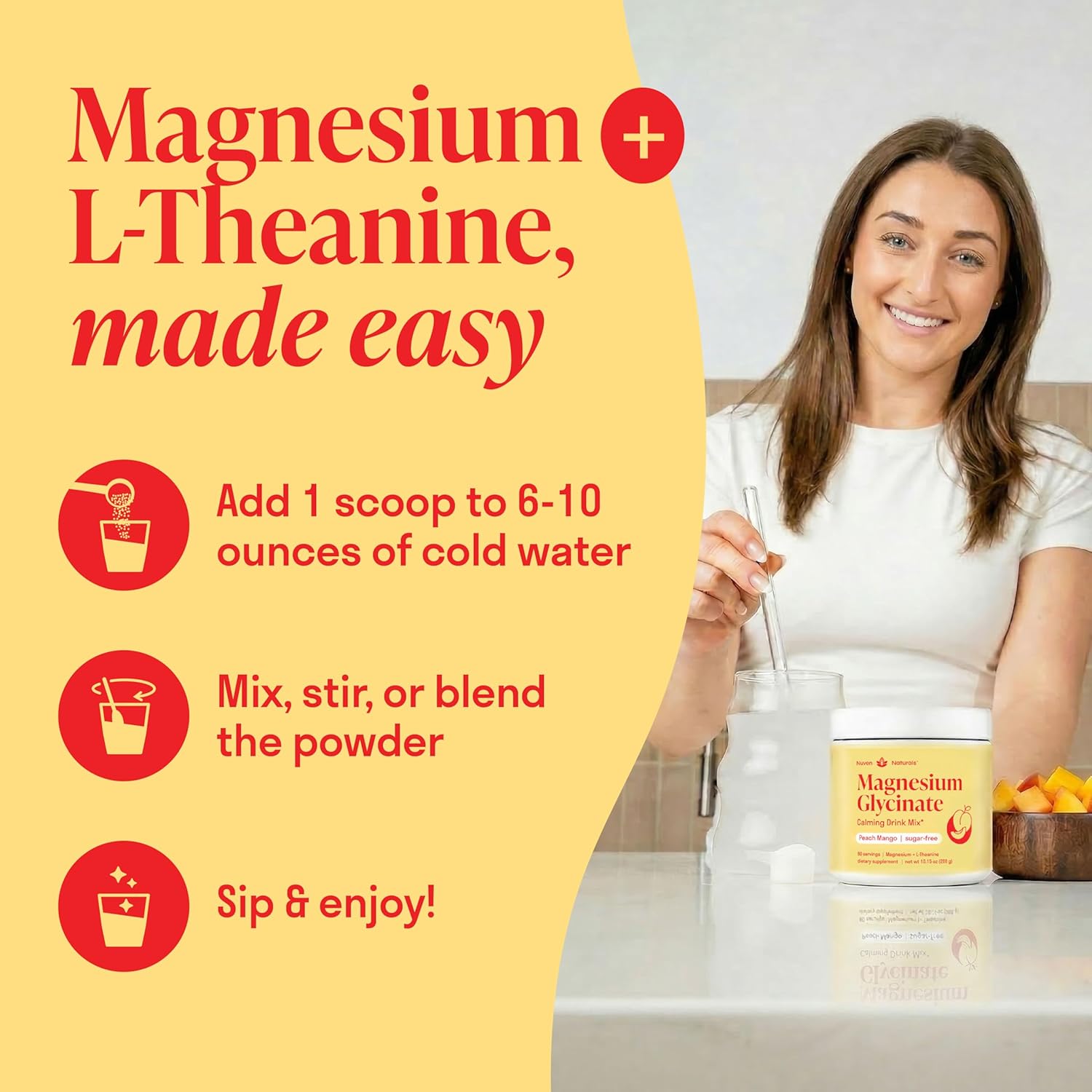 Magnesium Glycinate Powder + L-Theanine | 60 Servings | 300 mg per Scoop High Absorption Chelated Magnesium Powder for Sleep - Peach Mango Flavor, No Sugar, Support Restful Sleep & Relaxation