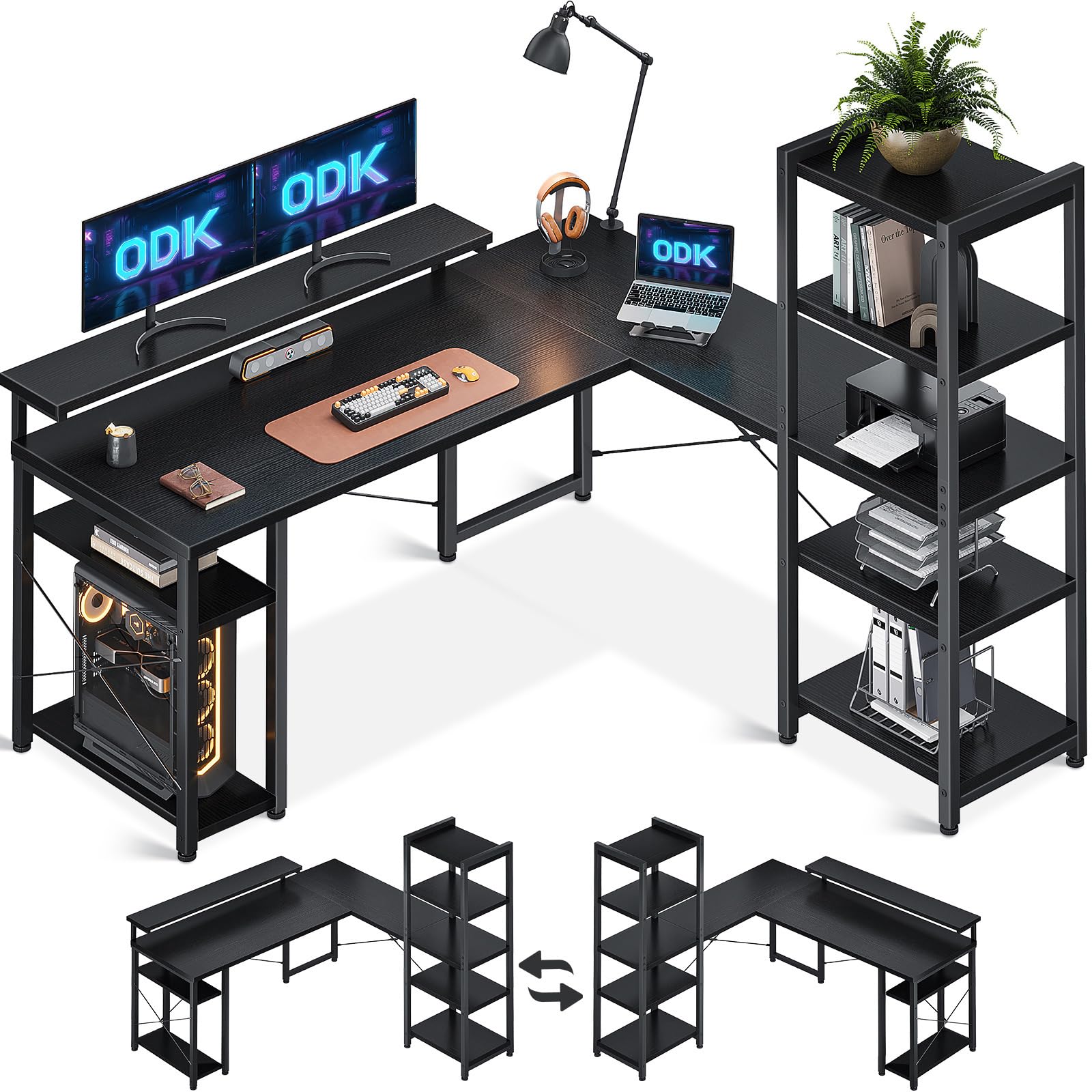 ODK Computer Desk with Shelves, Reversible L Shaped Desk with Monitor Stand, Reversible Home Office Table, Black, 155 × 140 cm