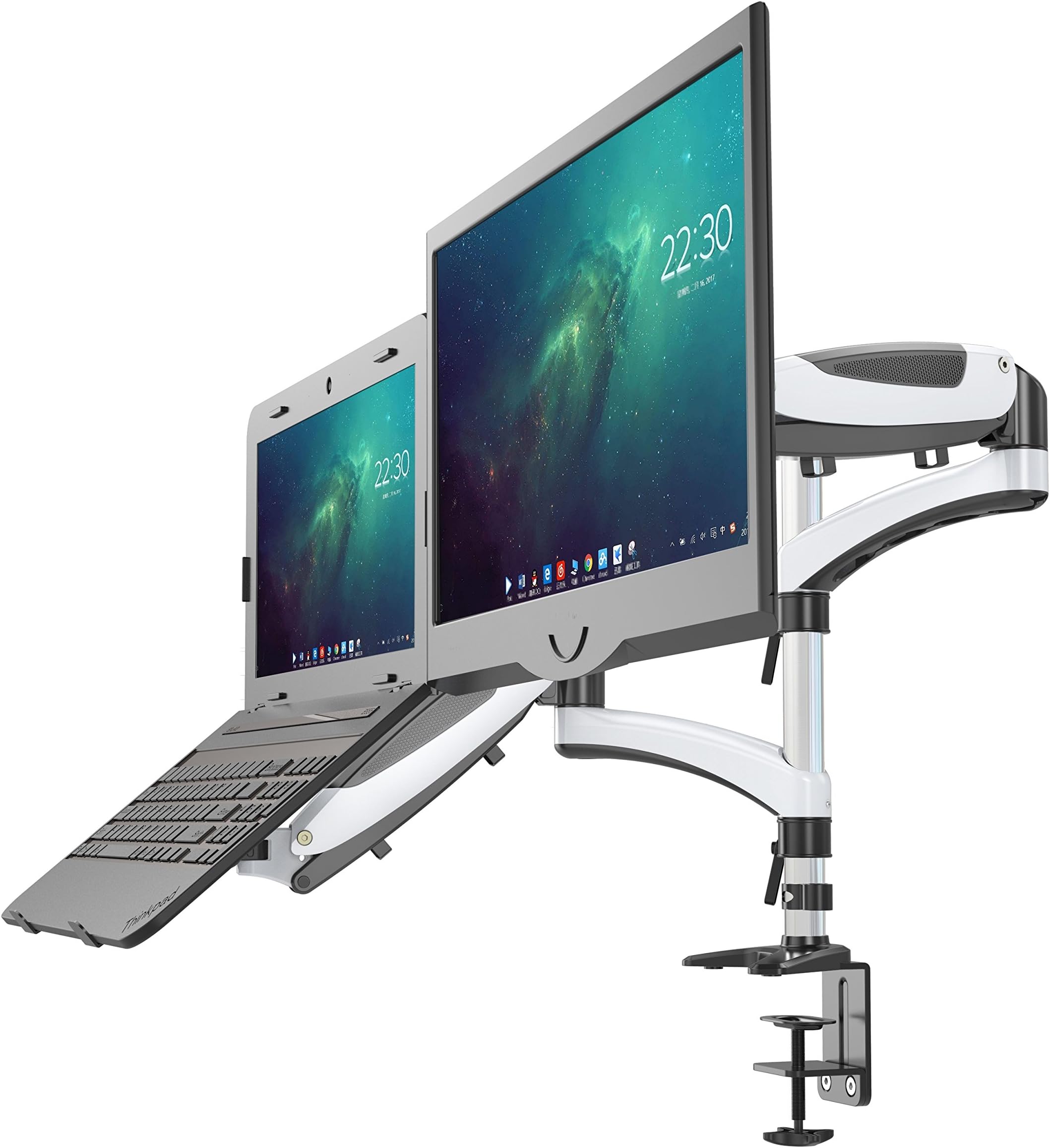 Fully Adjustable Dual Gas spring LCD Monitor & Laptop Mount/ Stand with 2 Swing Arms for 1 Laptop & 1 Monitor,both Desk clamp and grommet mounting LH08