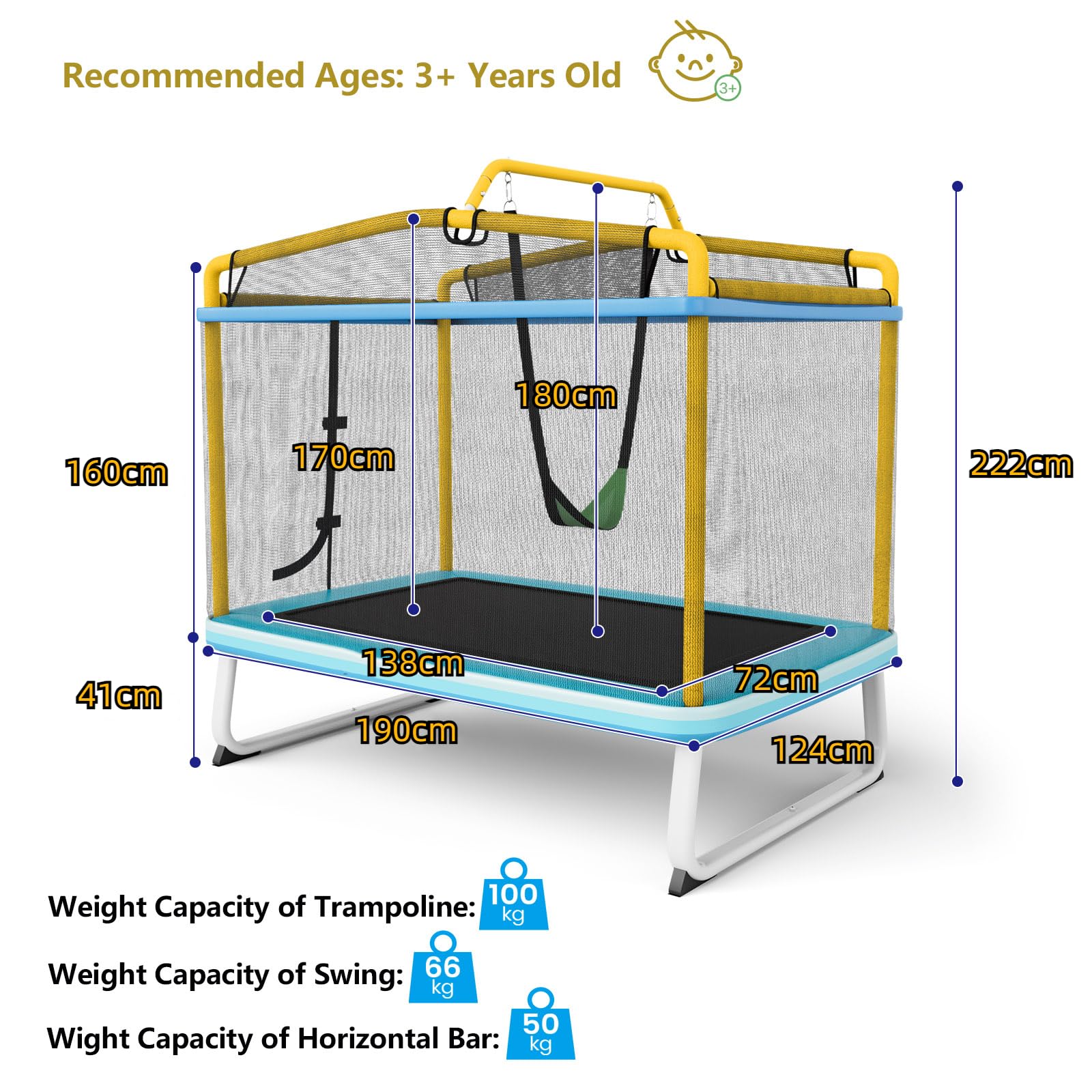 KOMFOTTEU Trampolino per Bambini 3-8 Anni, Tappeto Elastico Bambini 3 in 1 con Altalena Rimovibile e Barra Orizzontale, Saltarello da Esterno e Interno, Portato 110 kg, 190 x 124 x 172 cm
