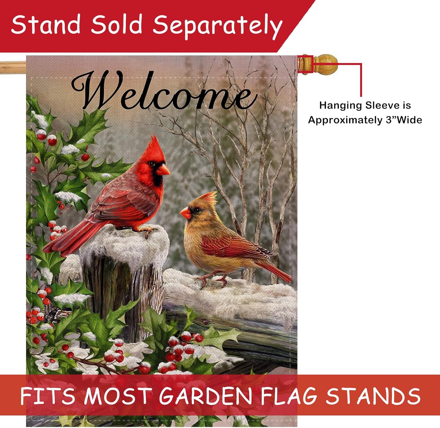 Selmad Home Decorative Merry Christmas Cardinal House Flag Welcome Winter Double Sided, Rustic Quote Red Birds Garden Yard Flag for Xmas, Outside New Year Holly Berry Vintage Outdoor Decorations 28x40 - Image 2