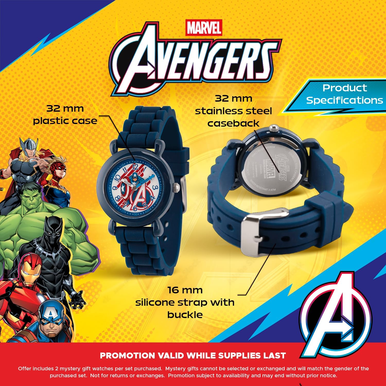 Marvel Captain America 3-Pack Watch Set for Kids Ages 4–7 – Featuring Shield, Action Pose and Star Dial Designs – Red, Blue and Black Bezels with Matching Nylon Straps – GET 2 Mystery Bonus Watches