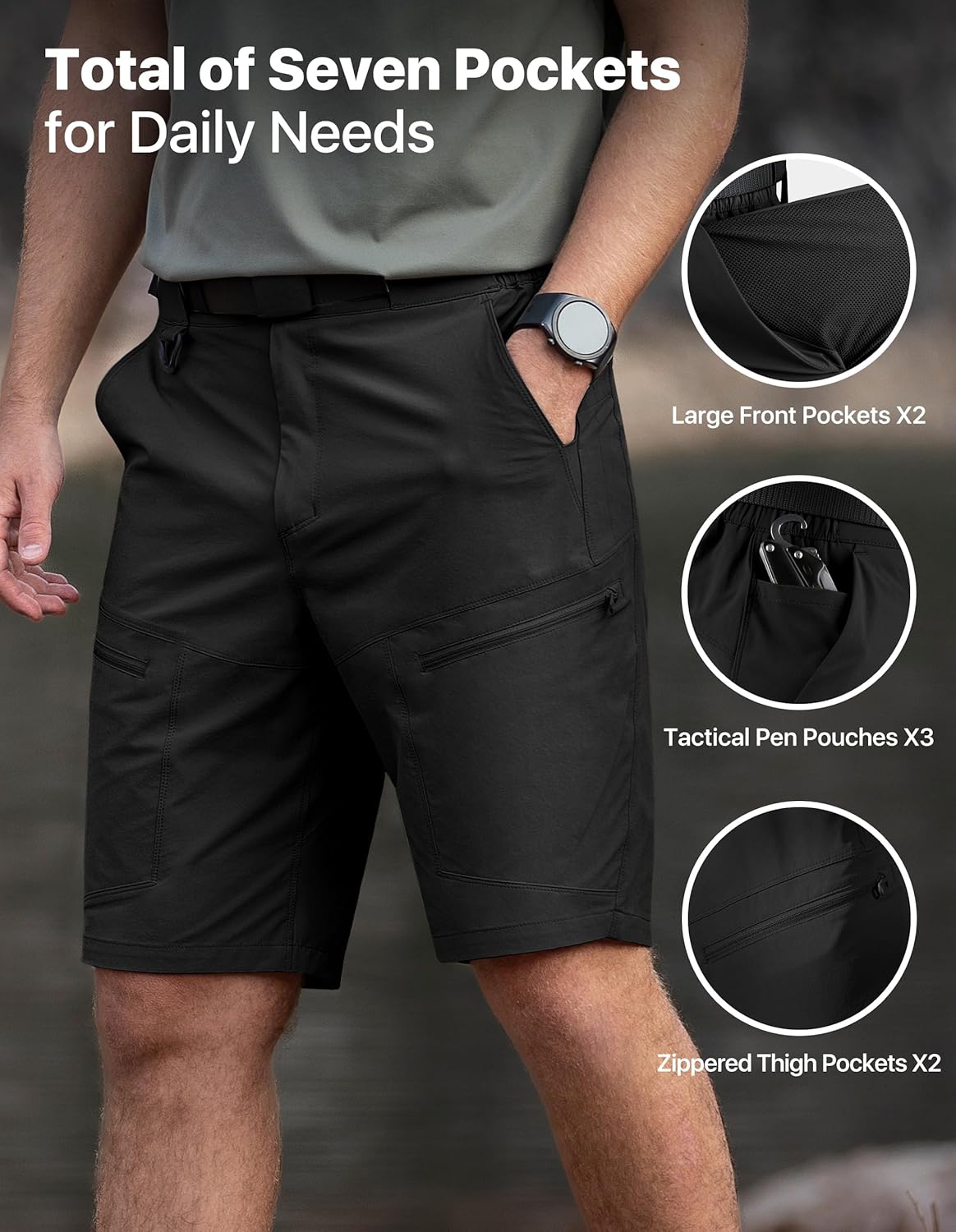 Mens Hiking Shorts Water Resistant Quick Dry Lightweight Breathable Cargo Shorts with Zipper Pockets & Belt - Image 5