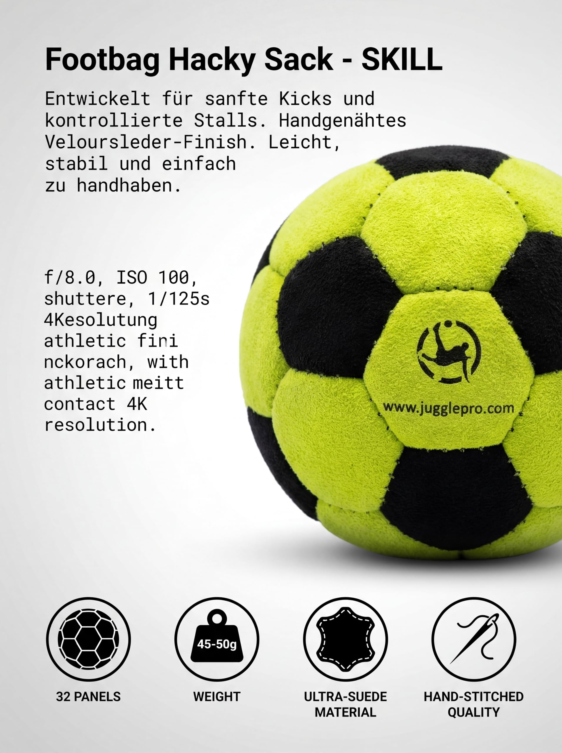 Footbag Hacky Sack 32 Panneaux Ultra Suede Remplie EPS Cousue à la Main