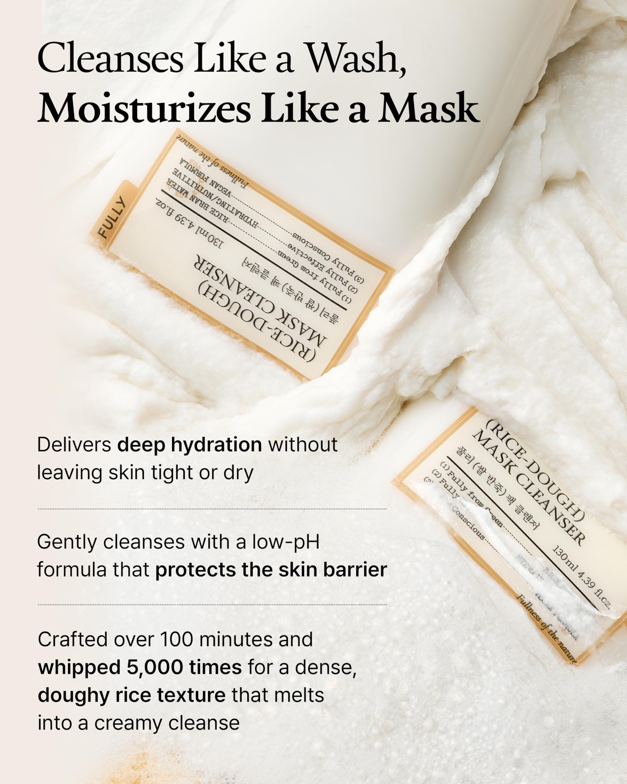 FULLY Detergente Maschera 2 in 1, Pasta di Riso, Formula a Basso pH, Nutriente, Pori Chiari, Pulizia Viso per Pelle Secca e Sensibile, Cura della Pelle Coreana Vegana, 120 ml