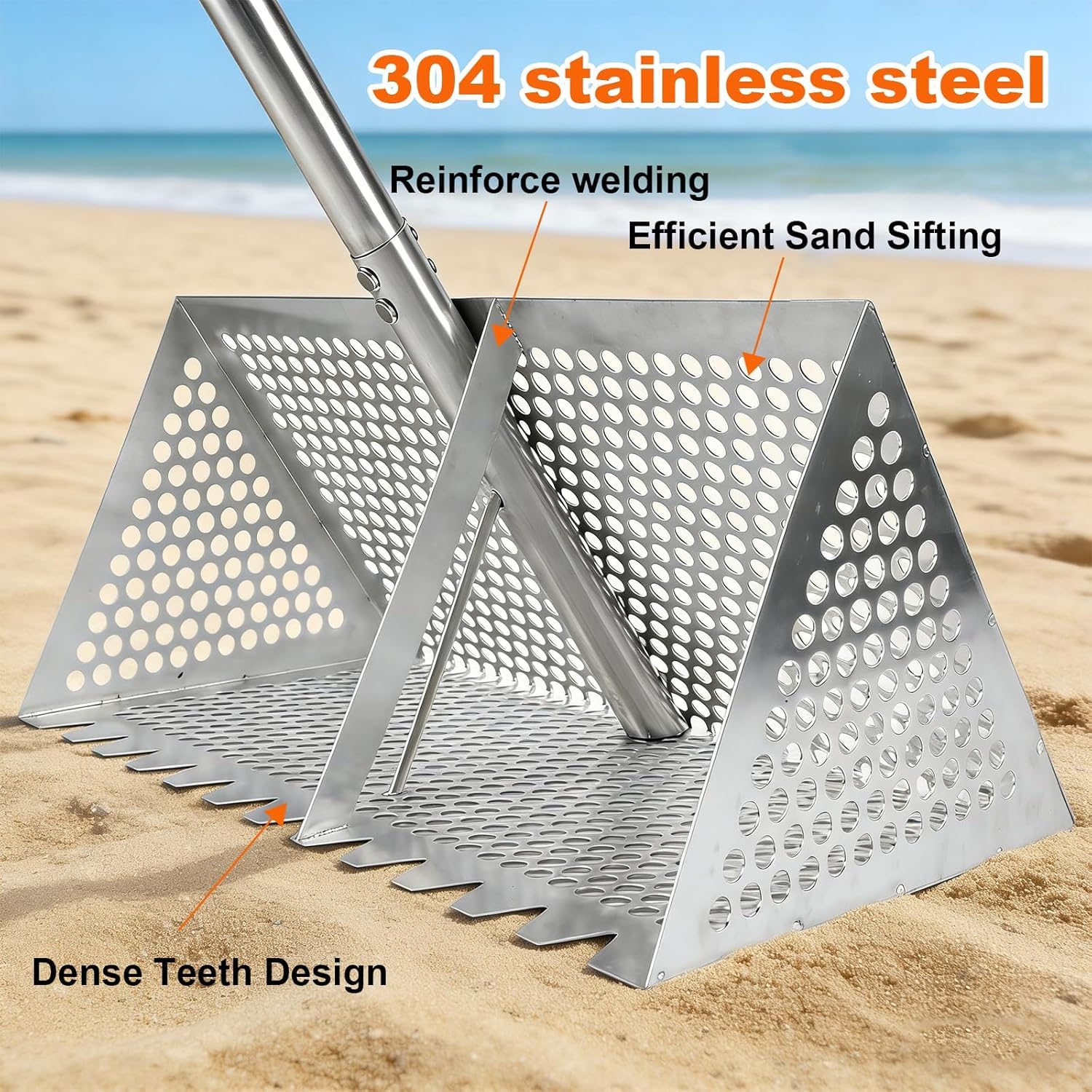 Râteau de Puce de Sable en acier inoxydable - Tamis de Sable de Plage avec Grand Panier à Dents de requin de 20×40 cm, Tamis Détachable Râteau de à Poignée Longue Détachable pour Plage