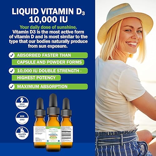 Miniatura 5 de Power By Naturals Vitamina D3 Gotas líquidas de 10000 UI – Vitamina D3 de alta potencia para fortaleza ósea de adultos y apoyo inmunológico – Sin