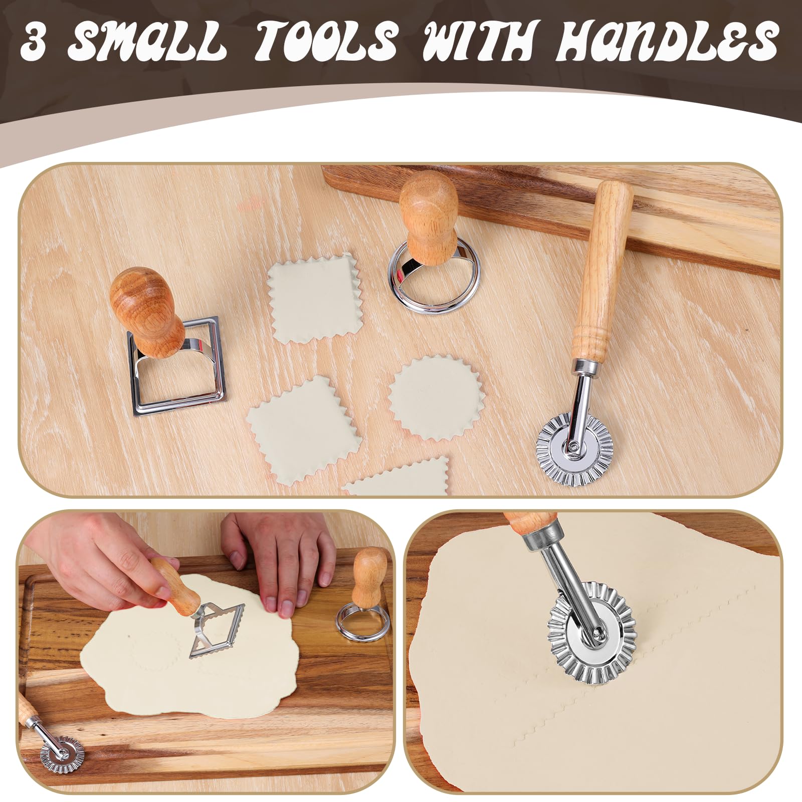 simarro 8 Pcs Ravioli Mold Set, Ravioli Cutter with Roller Wheel, Ravioli Maker Press Tools Cutter Stamp, Wood Rolling Pin, Use for Raviolis Dumplings Lasagna Dough