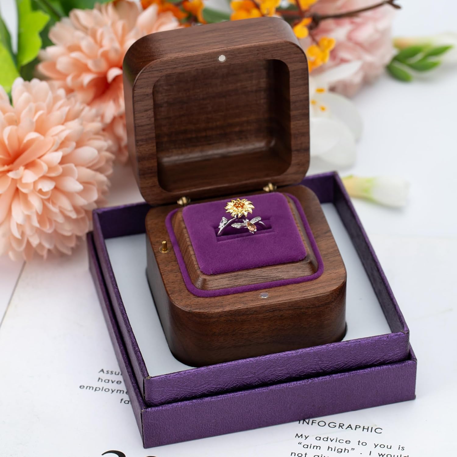 BELLA GLOBE Engagement Ring Music Box with Spinning Sunflower Bee Anxiety Relief Ring You are My Sunshine Music Ring Box for Proposal with Sunflower Adjustable Open Fidget Ring Box for Wedding