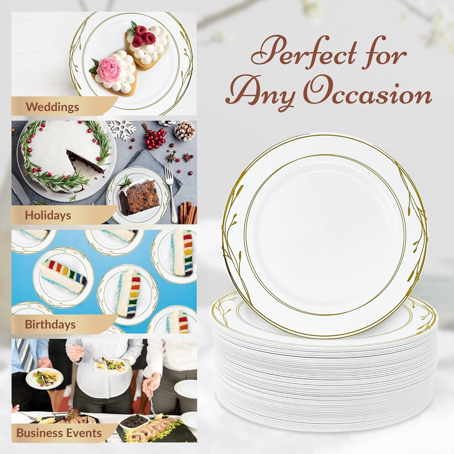Reli. Disposable Plastic Plates, White & Gold Rim (110 Pcs, 7.5" Dessert Plate) | Hard Plastic Dessert/Salad/Cake | Heavy Duty Disposable Round Trays for Party, Wedding, Event (Gold Trim)