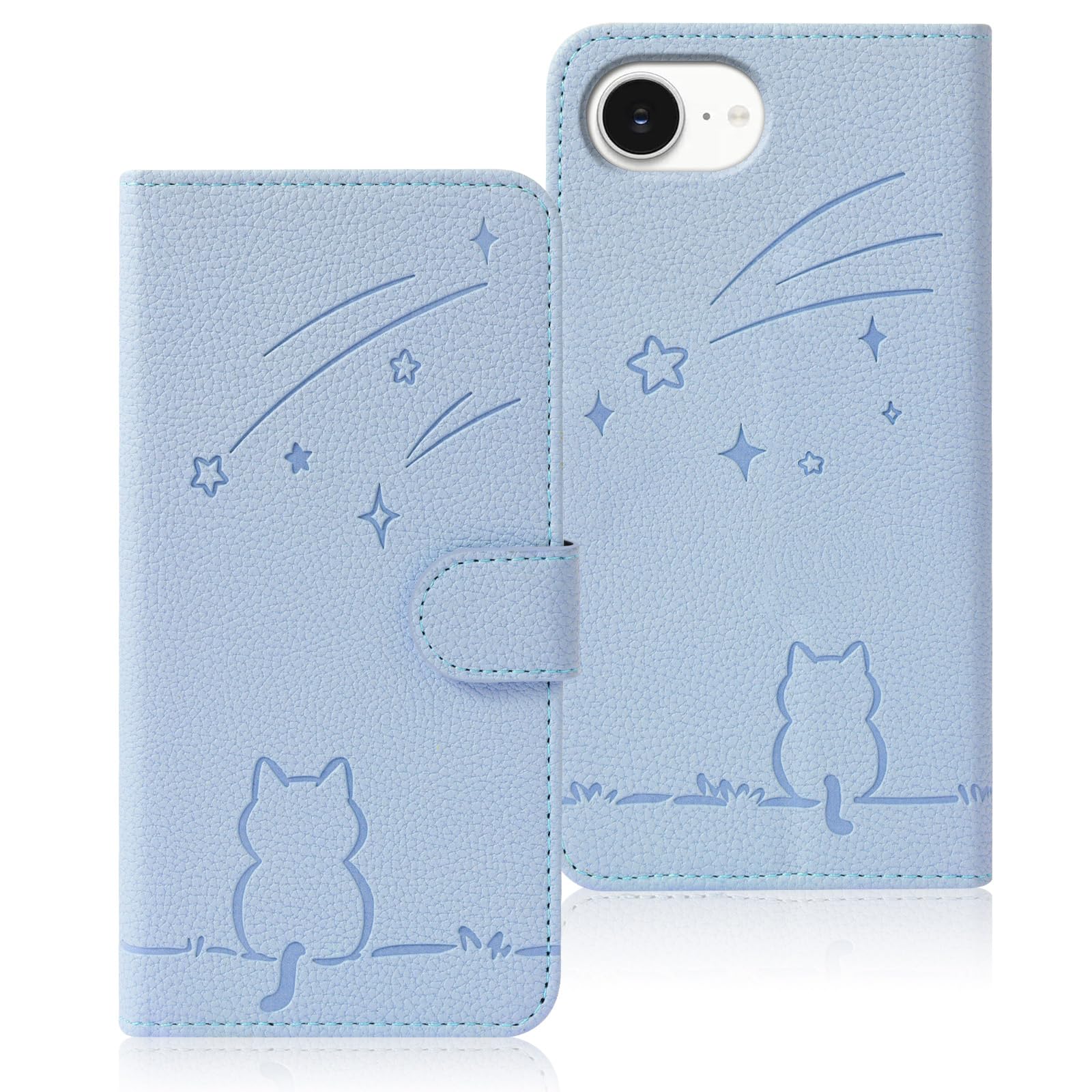 Rosbtib iPhone 17e ケース 手帳型 流れ星子猫 いphone17e ケース 可愛い 猫柄 ねこ iPhone17e 手帳型ケース 財布型 耐衝撃 アイフォン17e 携帯カバー カード収納 iPhone17e スマホケース オシャレ 軽量 耐久性 スタンド機能 PUレザー 内蔵マグネット 6.1インチ対応(ブルー)