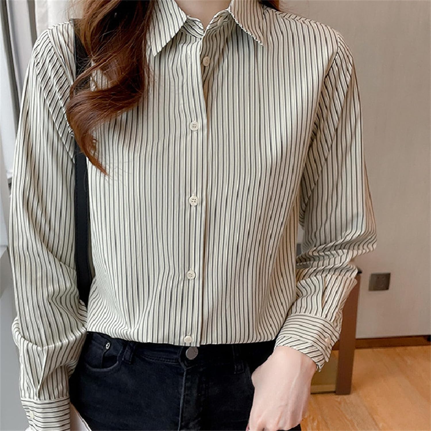 Ladies Striped Long-Sleeved Shirt Classic Casual Poplin Stylish Shirt Button Down Collared Work Blouses Tops