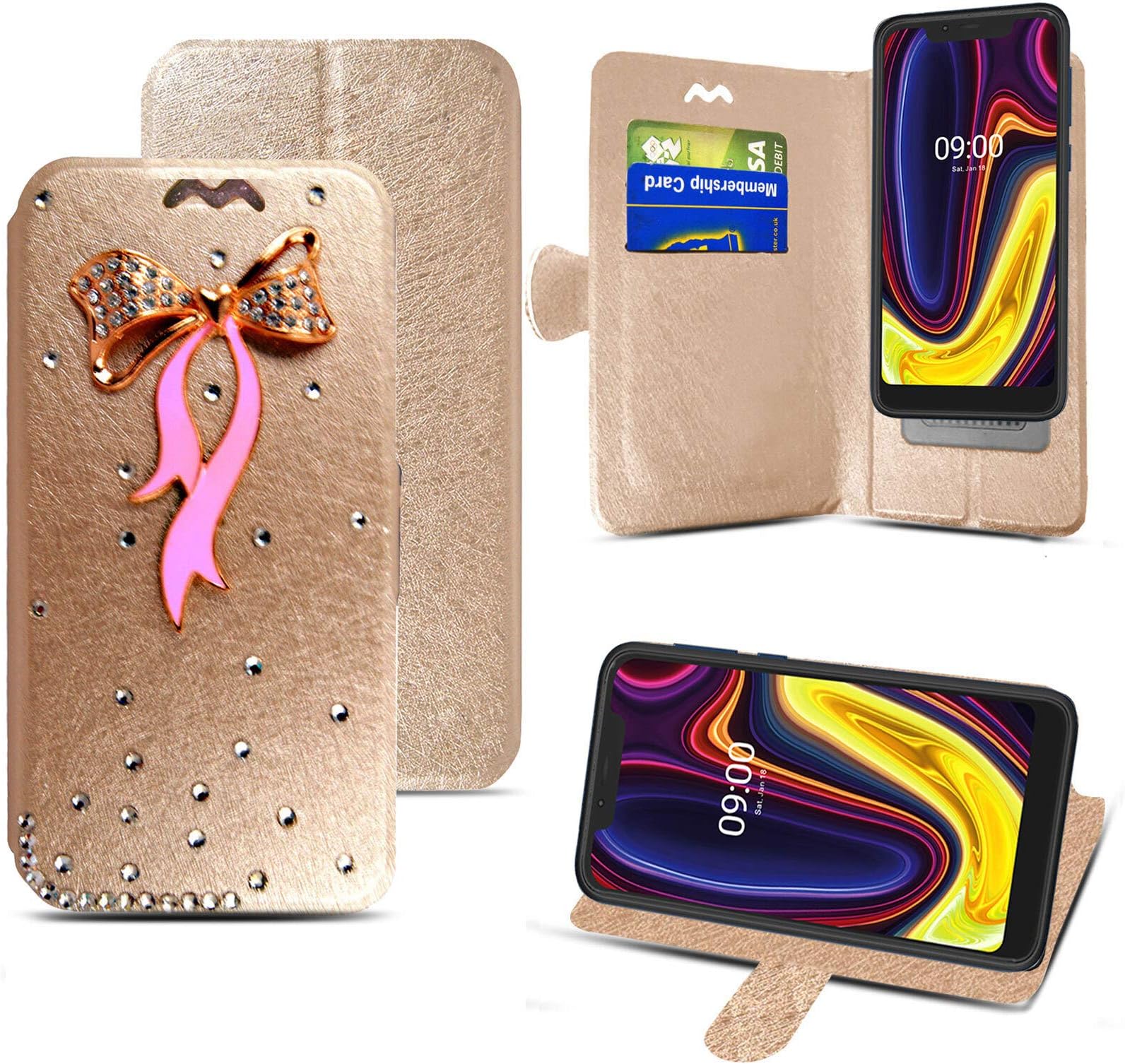 For IMO Q4 Pro, Leather Wallet Flip Case with Card Slots and Fold Stand, (Pink Bow Ribbon On Gold)