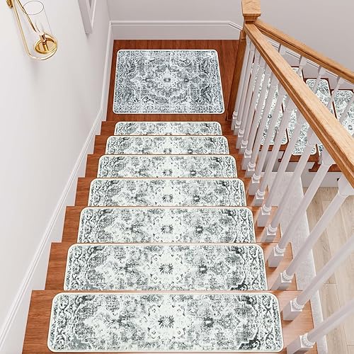 Miniatura 73 de OJIA Alfombra antideslizante a juego para peldaños de madera, parte trasera de goma cuadrada antideslizante, alfombra de aterrizaje para escaleras