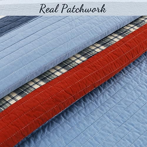 Miniatura 9 de Cozy Line Home Fashions Daniel Denim - Juego de ropa de cama reversible de algodón a cuadros azules