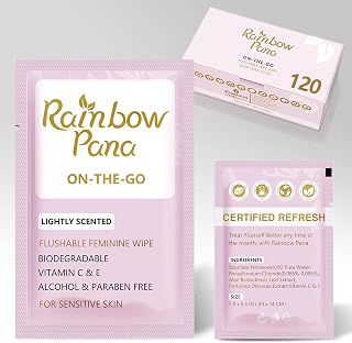 RainbowPana Flushable Feminine Wipes 120ct: Individually Wrapped Travel Wipes for Women, pH Balanced Biodegradable with Aloe, Portulaca, Vitamin E - Pre/Post Intimacy