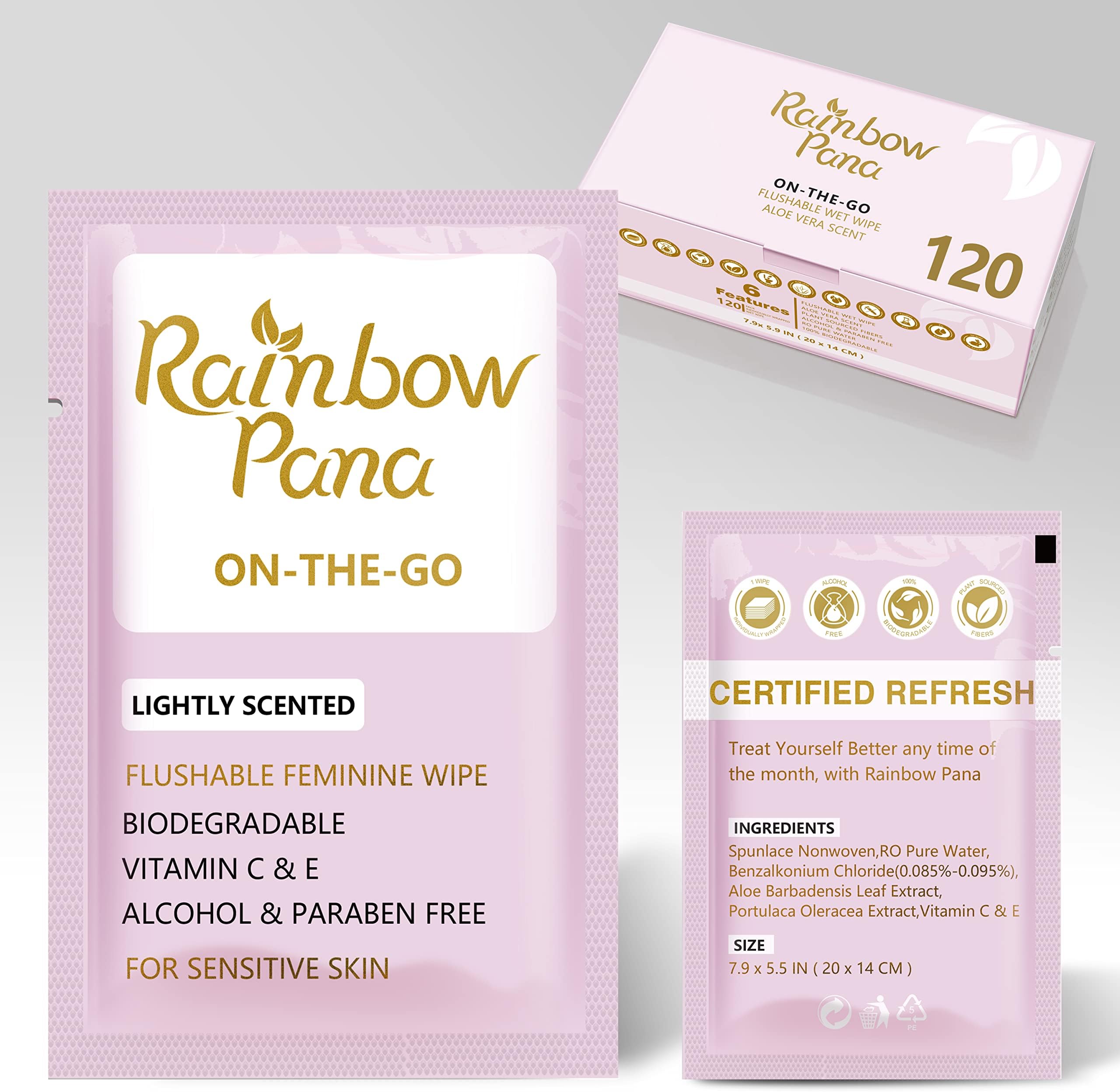 RainbowPana Feminine Wipes, 120 Count ON-THE-GO Individually Wrapped | Flushable Wipes, Travel Wipes for Women, Pre/Post-Intimacy Cleansing | Aloe, Portulaca, Vitamin E | pH Balanced, Biodegradable