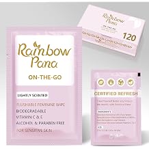 RainbowPana Feminine Wipes, 120 Count ON-THE-GO Individually Wrapped | Flushable Wipes, Travel Wipes for Women, Aloe, Portulaca, Vitamin E | pH Balanced