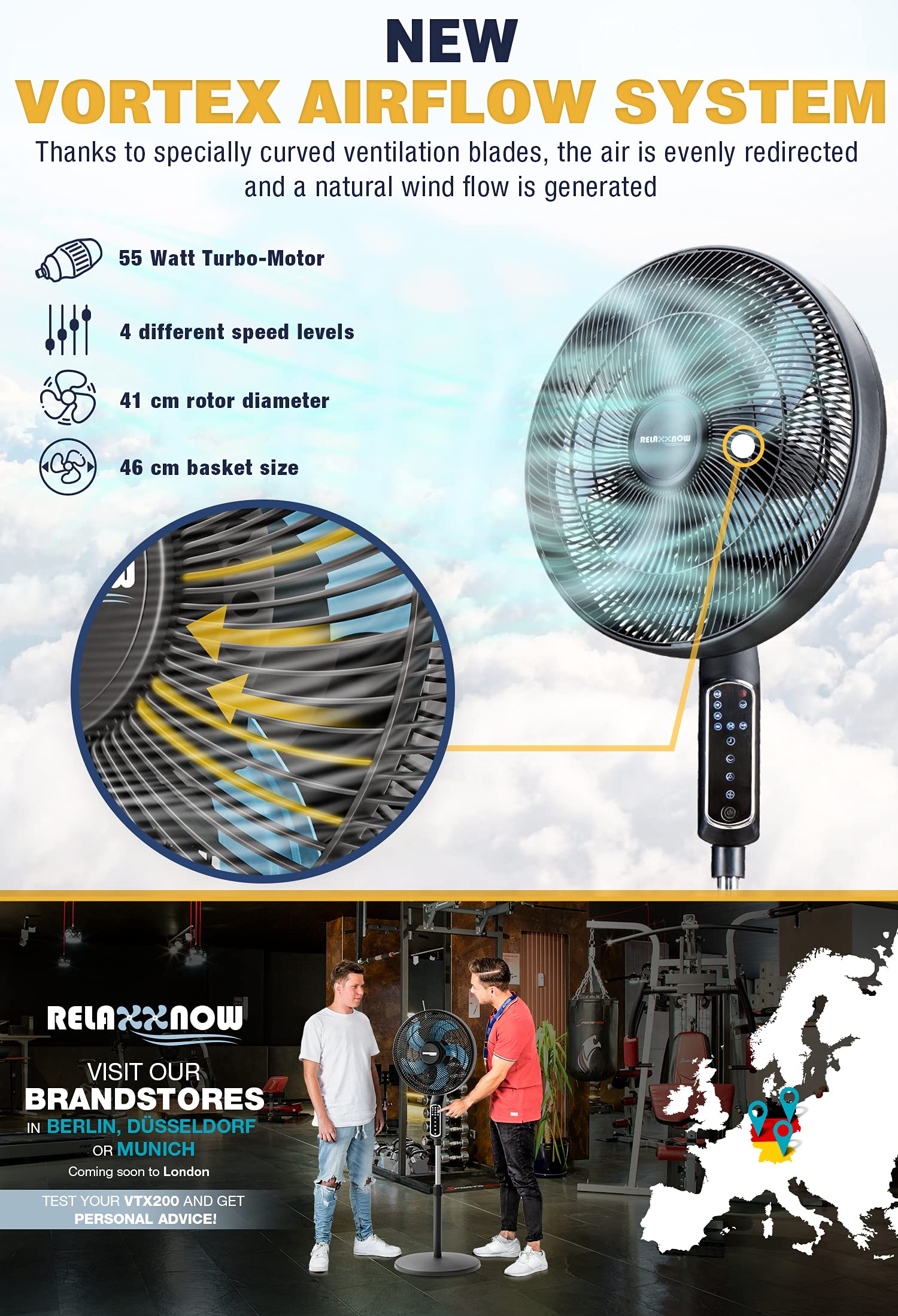 RelaxxNow 2in1 Pedestal Fan 55 W Extremely Quiet 43 dB LED Touch