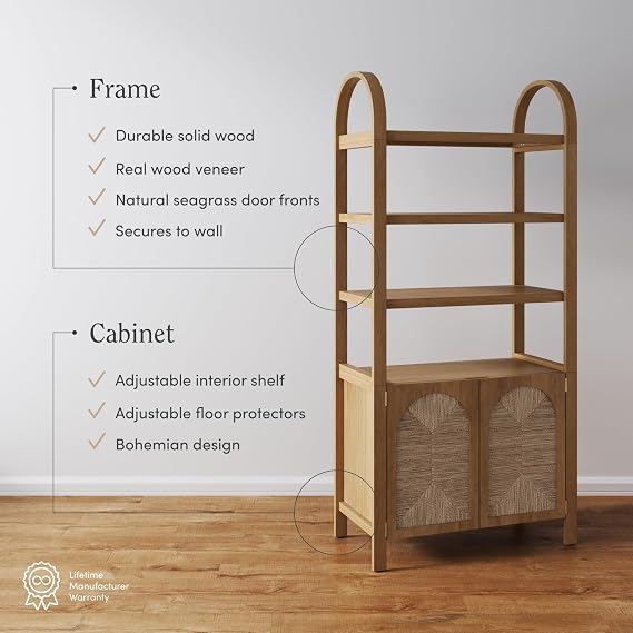 Nathan James Leah Arched Bookcase, 3-Tier Bookshelf with Storage Cabinet Base, Seagrass Door Fronts and Solid Wood Frame, Light Brown