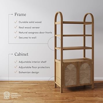 Nathan James Leah Arched Bookcase, 3-Tier Bookshelf with Storage Cabinet Base, Seagrass Door Fronts and Solid Wood Frame, Light Brown
