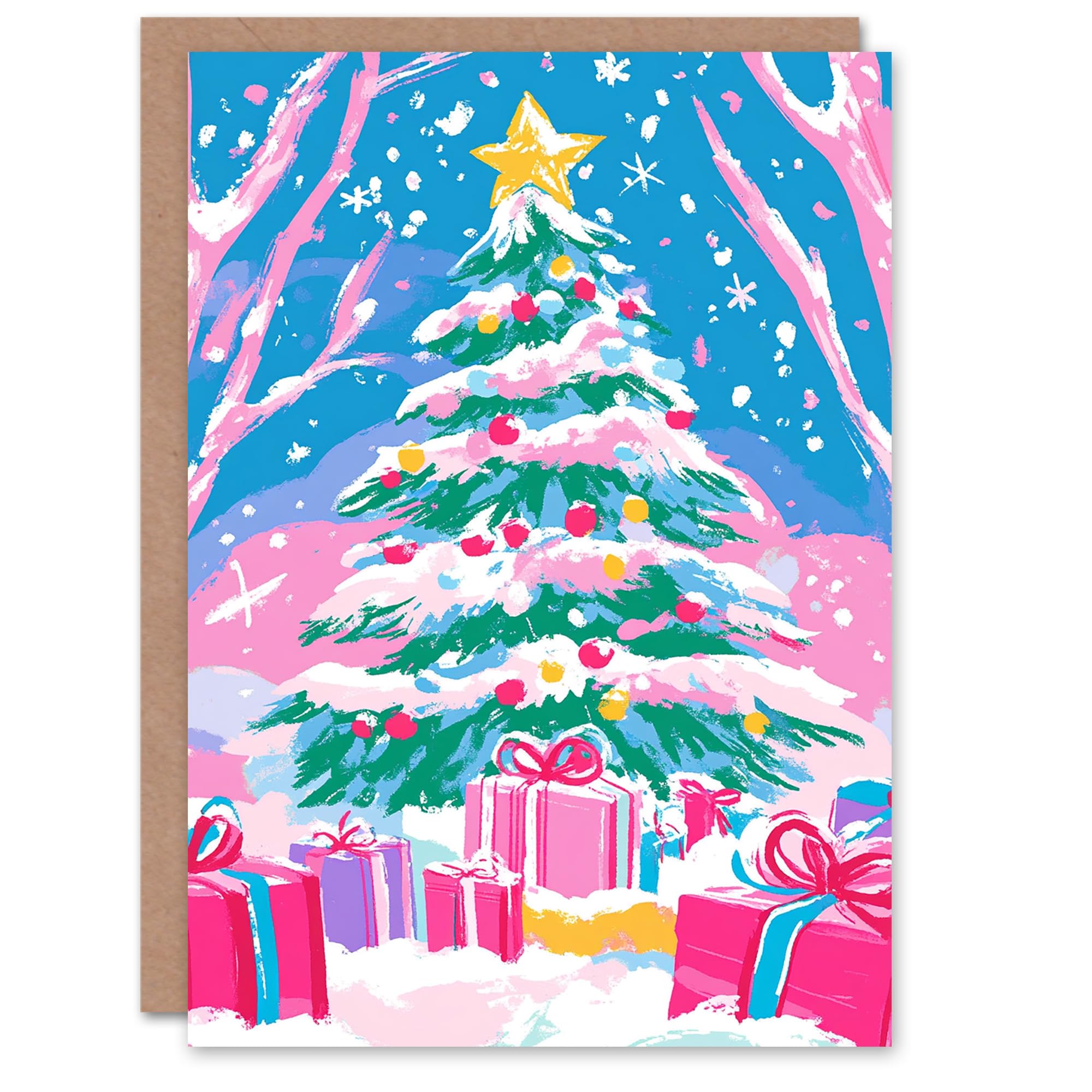 Decorated Tree Presents Pastel Pink Winter Forest Festive Xmas Christmas Card