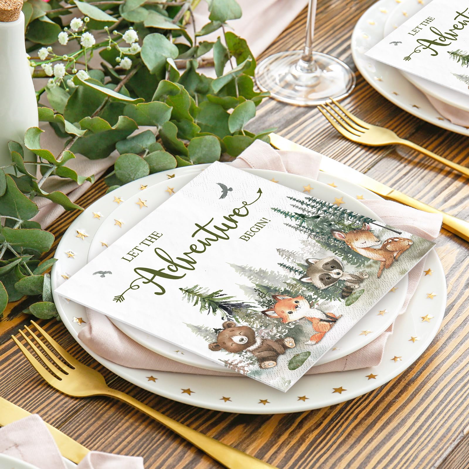 JarThenaAMCS 80 servilletas de papel desechables con texto en inglés "Let The Adventure Begin" para decoración de mesa de fiesta de baby shower