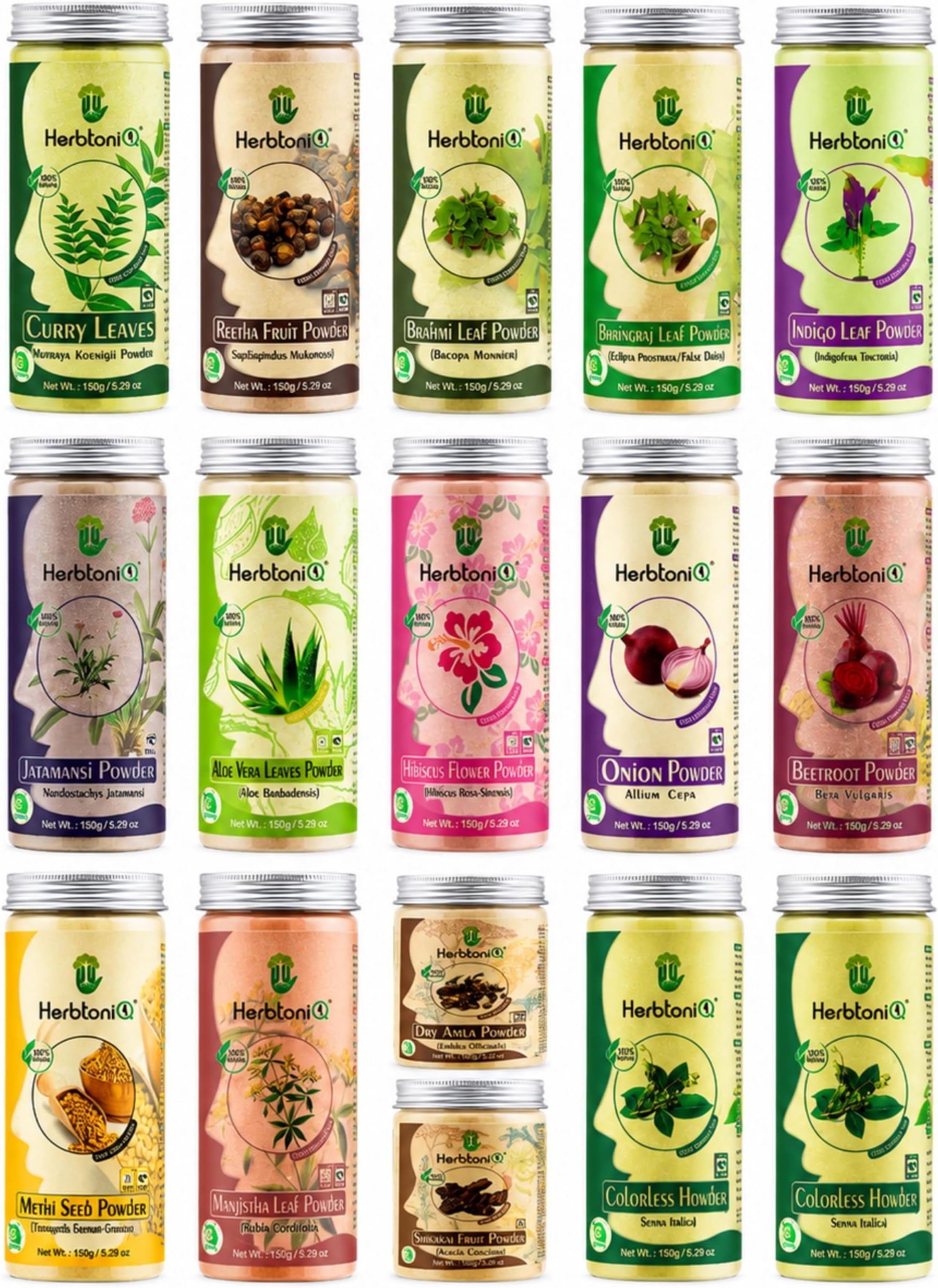 HerbtoniQ Hair Mask Powder Combo Set of 16 Jars – Bhringraj, Amla, Reetha, Shikakai, Onion, Brahmi & Hibiscus Herbal Hair Pack Powders for Frizzy Hair, Dandruff & Itchy Scalp (16 x 150g, 2350g)