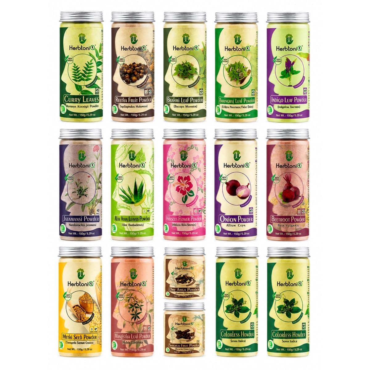 HerbtoniQ Hair Mask Powder Combo Set of 16 Jars – Bhringraj, Amla, Reetha,