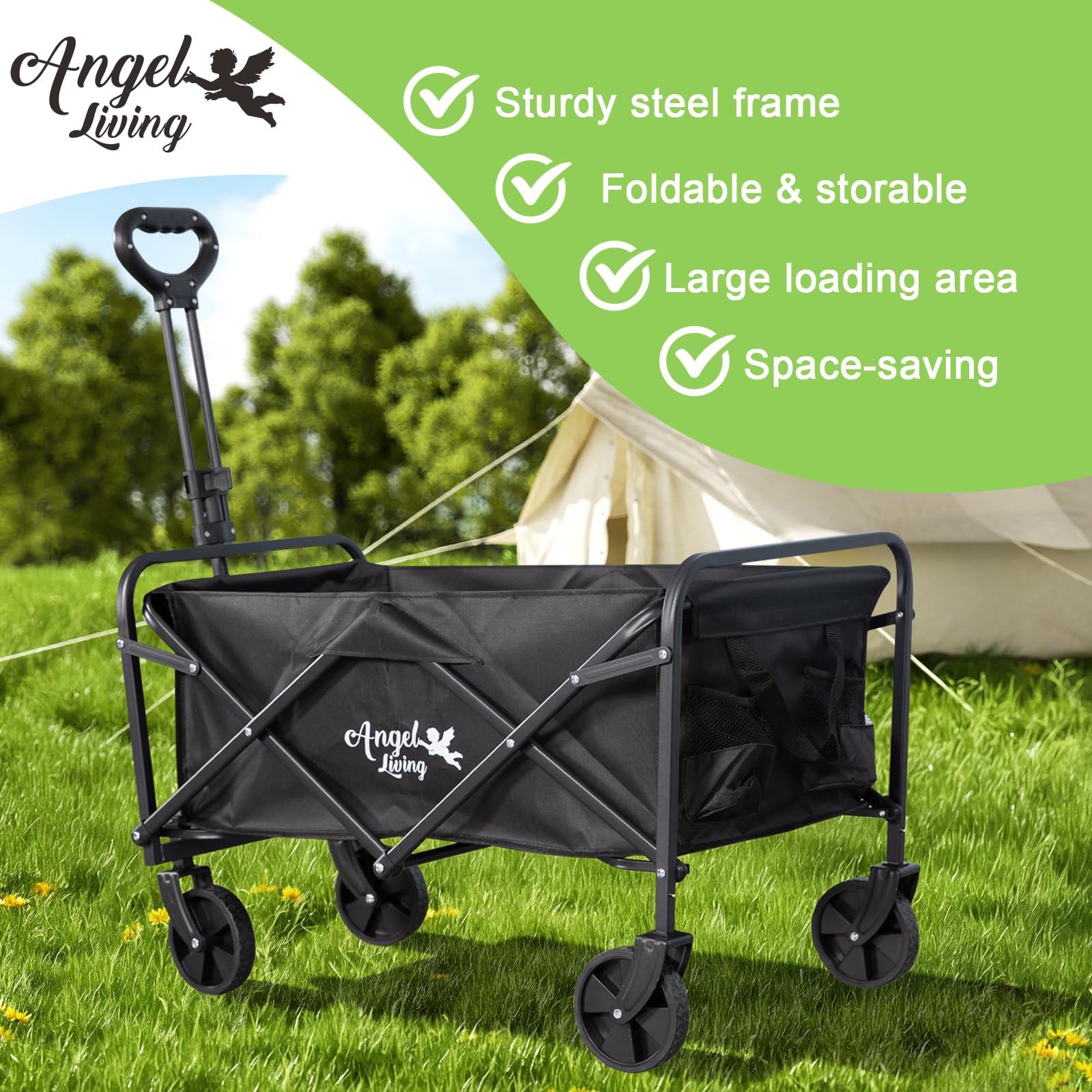 Angel Living Chariot de Transport Pliable, 200L Grande Capacité, 100kg Charge Statique, Chariot de Camping Tout Terrain avec Poignée Réglable, pour Jardin, Plage, Festival, Courses, Pique-Nique, Noir
