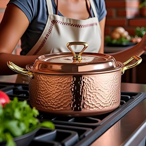 Miniatura 9 de YJX Olla martillada de 6.7 cuartos de galón con tapa, oro rosa cobre, acero inoxidable de tres capas, utensilios de cocina multifuncionales para