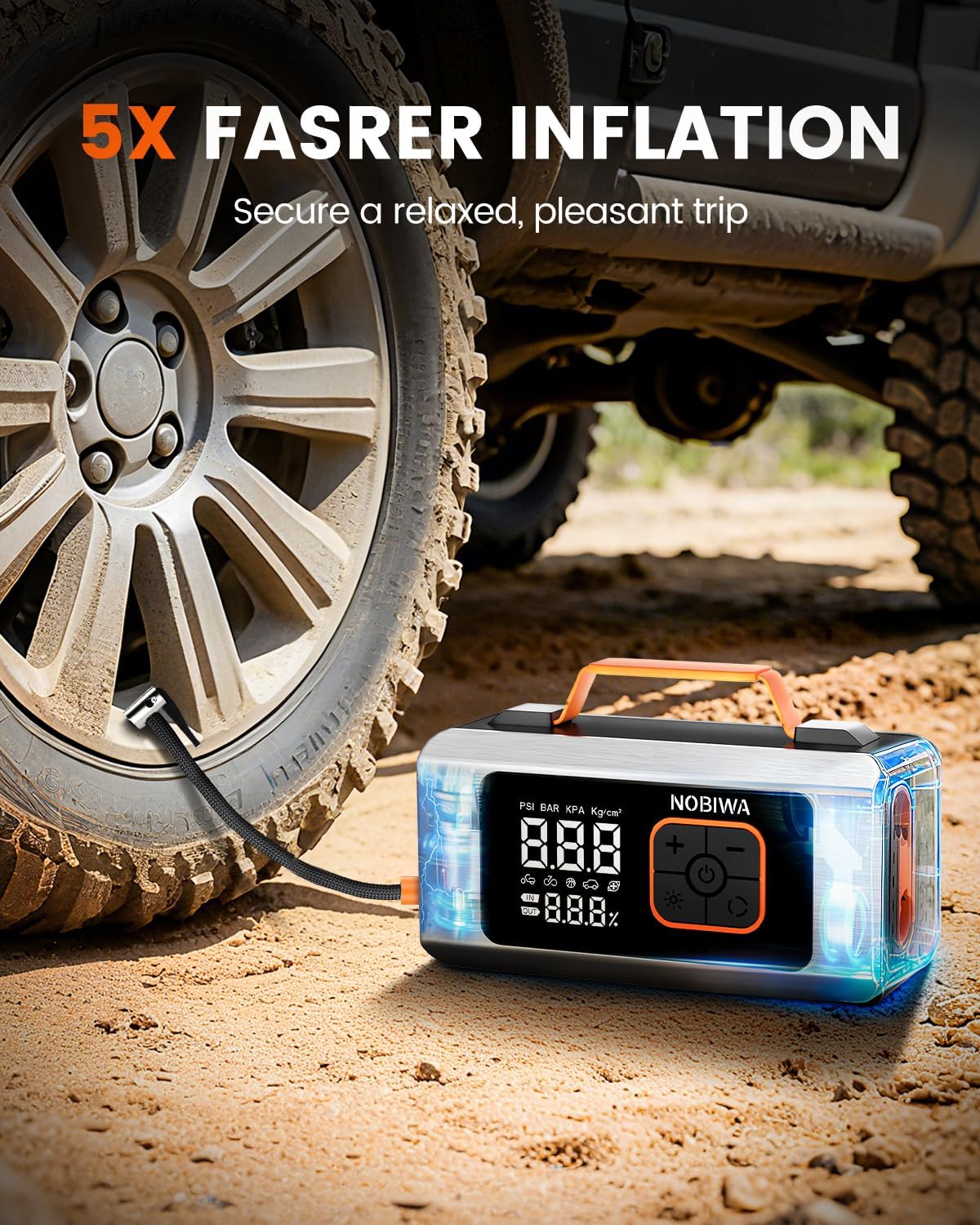 Tire Inflator Portable Air Compressor, Cordless Air Pump 5X Faster with Air Blower, Digital Pressure Gauge, Auto Shut Off & LED Light