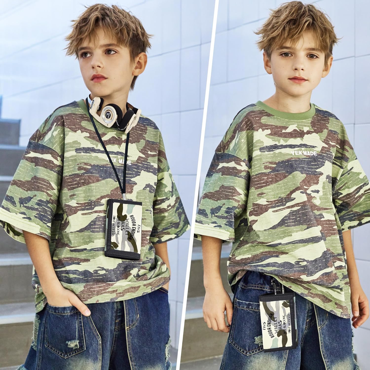 Rough Enough Kids Wallet for Boys Preppy Teens RFID Blocking with Black Lanyard Keychain Light Blue Camo Canvas - Image 7