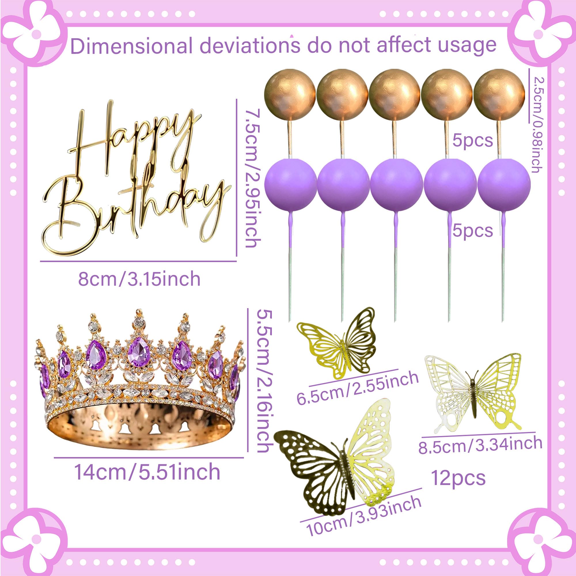 Purple Crown Cake Topper Gold Balls Cake Decor Crown Birthday Gold Butterfly Sign for Birthday Baby Shower - Image 2