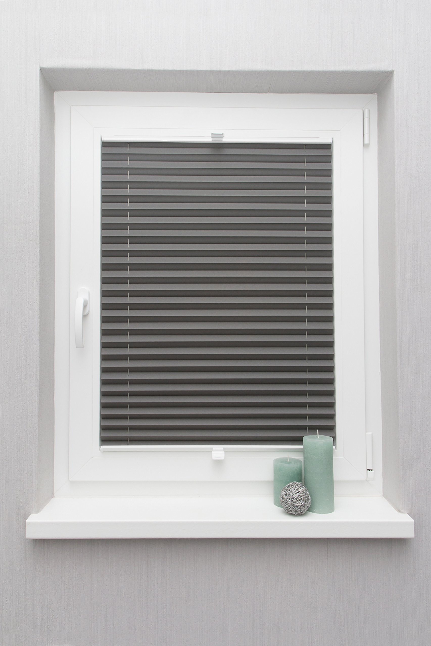 Plissee auf Maß Thermo für alle Fenster Montage in der Glasleiste Blickdicht mit Spannschuh Sonnenschutzrollo Dunkelgrau Breite: 91-100 cm, Höhe: 101-150 cm