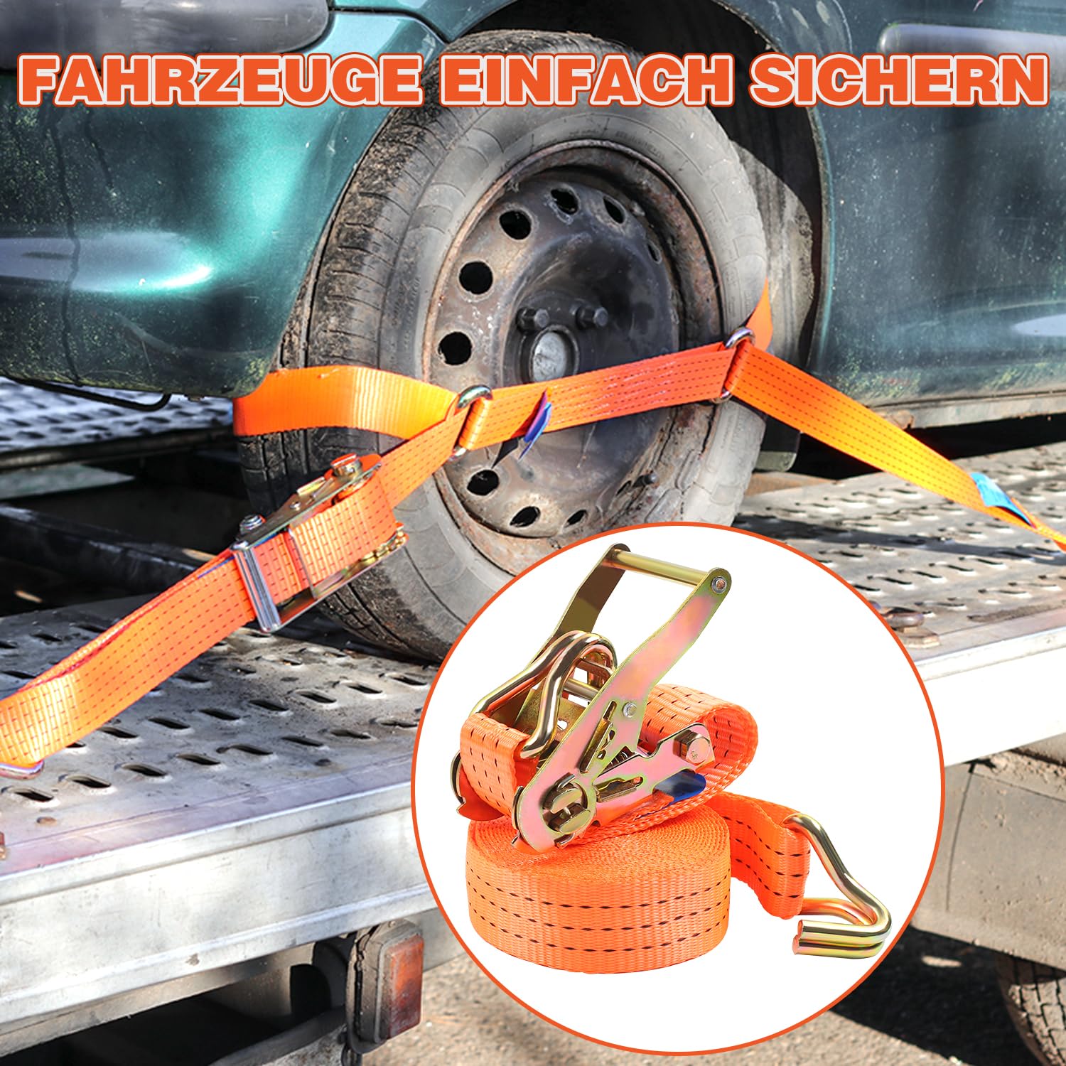 4 cinghie con cricchetto, 5 x 6 m, cinghie di ancoraggio con cricchetto e gancio, portata fino a 5 t, cinghia a cricchetto, adatta per carichi fissi