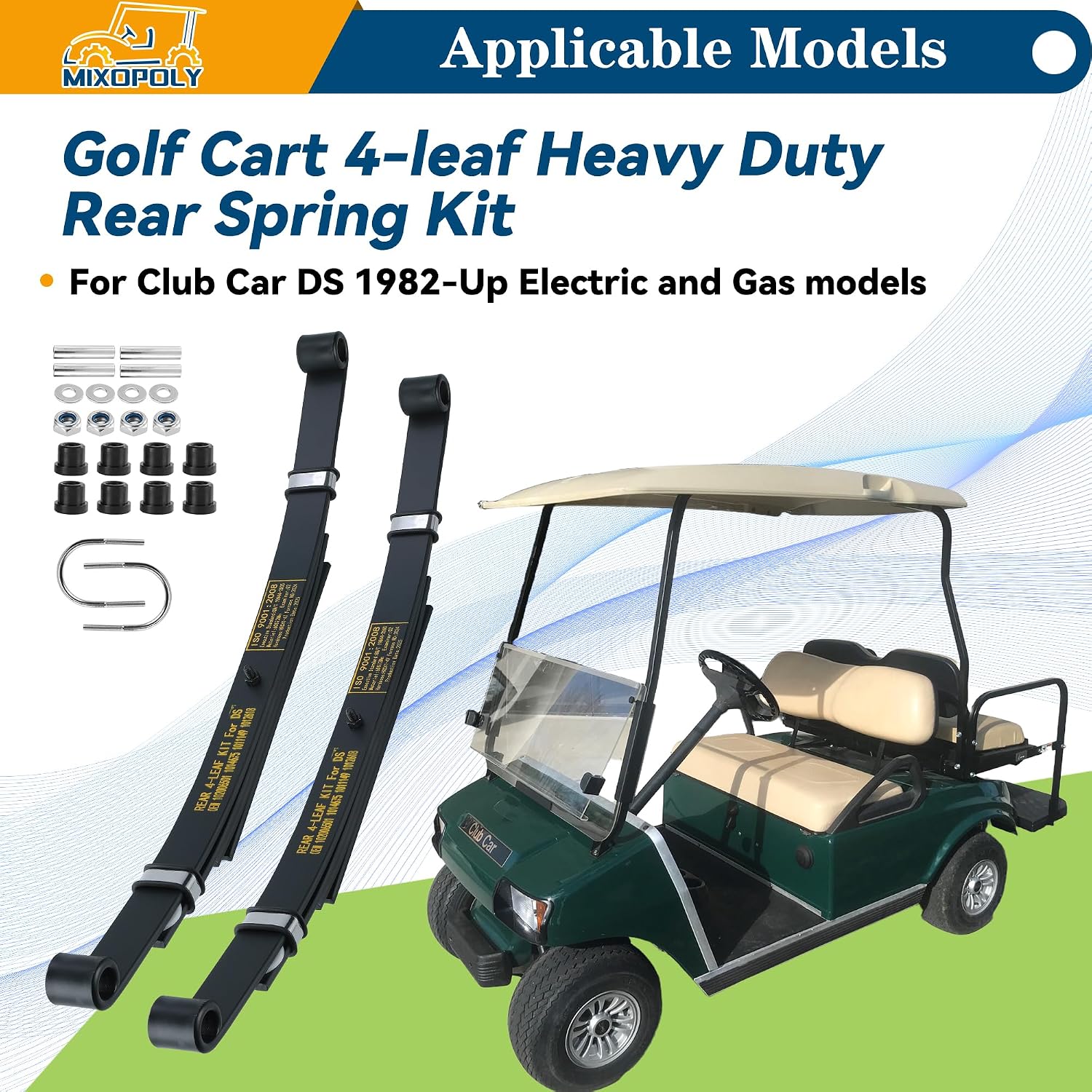 Golf Cart Rear Leaf Spring Kit for Club Car DS 1982-up, 4-Leaf Heavy-Duty Rear Suspension Assembly, Replaces OEM 102006501 1014675 1011149 1012618 1012324 1010974