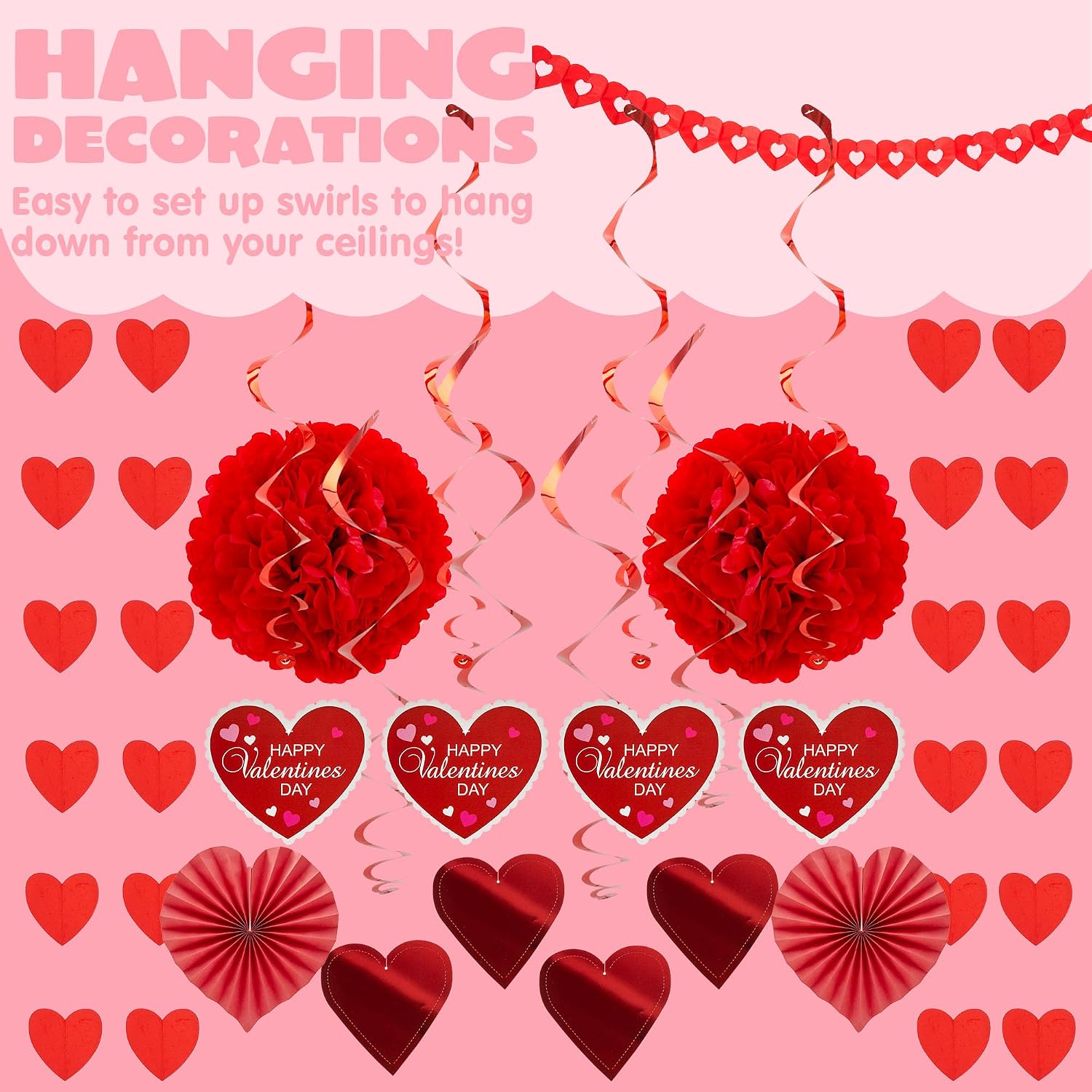 JOYIN 27 Pieces Valentines Day Swirl String Cutout, Decoration Kit with Heart Shaped Garland, Tissue Fans,Tissue Poms, Heart String, Double Swirls and Other for Valentines Party Wedding Anniversary