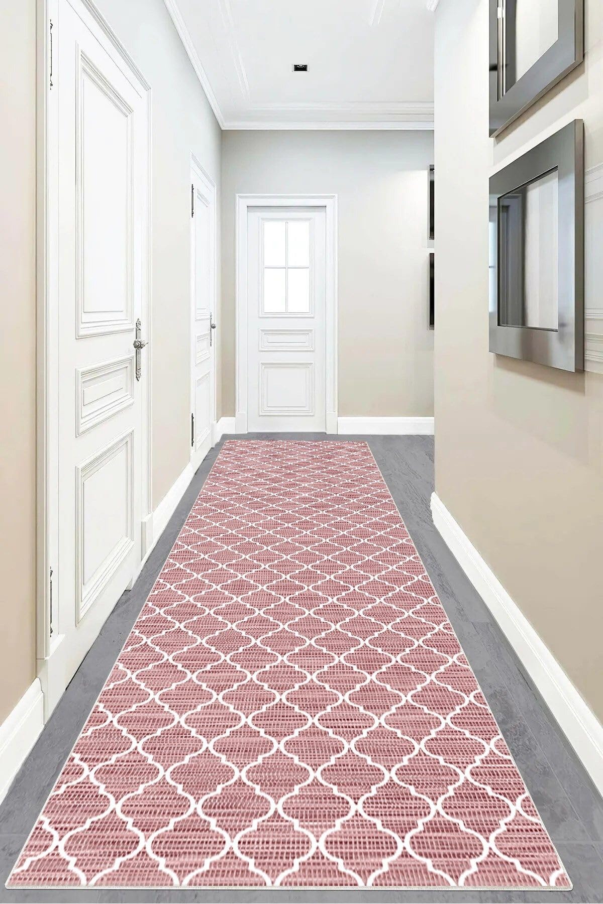 Pelangi Geometrik Karo Desenli Dijital Baskı Yıkanabilir Kaymaz Taban Etnik Kilim Desen Salon Halı, Pembe 80 x 400, 9555602804007
