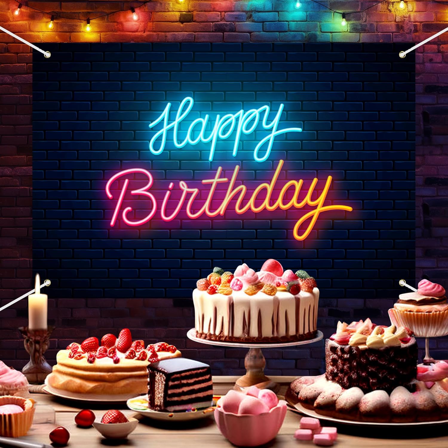 Neon Happy Birthday Backdrop Banner Cool Glow Neon Theme Background Decor for Men Women Boys Girls Birthday Party Let’s Glow Party Celebration Decoration Photo Booth Props Supplies 70.8x47.2in-BECKTEN - Image 2