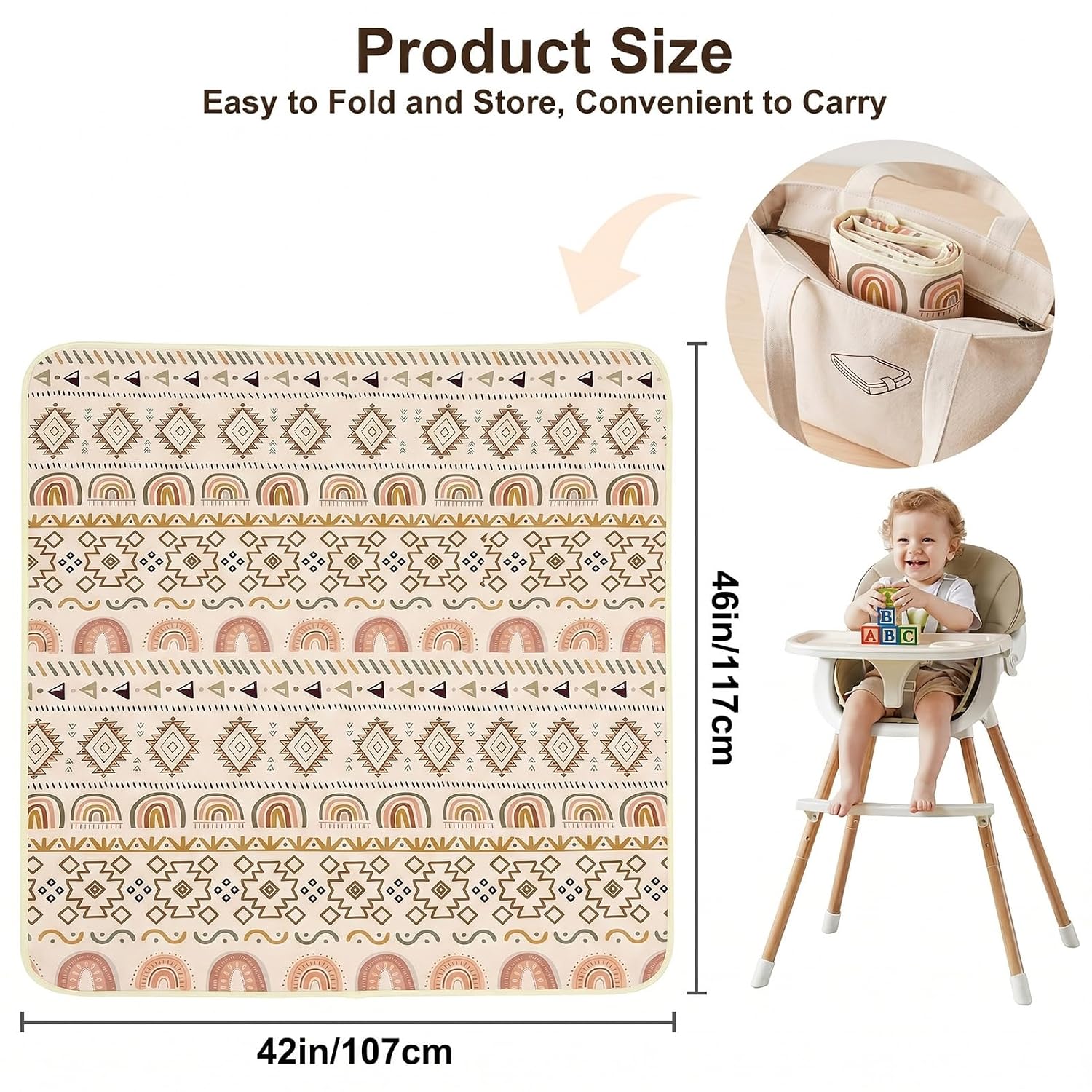 Basumee Splat Mat High Chair Mat Waterproof Baby Play Splat Mat for Under High Chair Food Catcher Highchair Mat for Floor Non Slip Bottom, Brown Geometry, 46x42 Inches