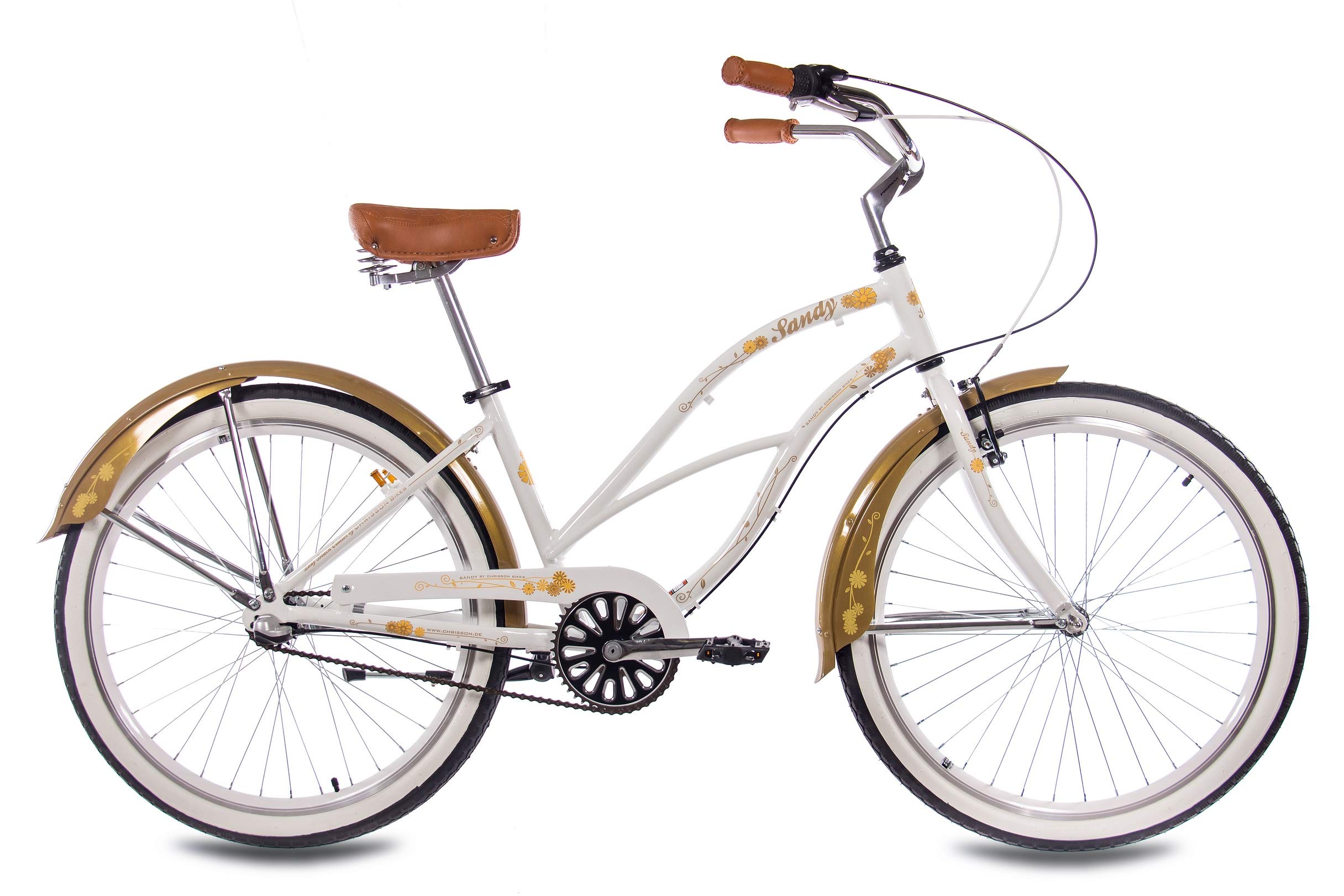 CHRISSON 26 Zoll Beachcruiser Sandy Weiss Gold mit 3 Gang Shimano Nexus Nabenschaltung, Damenfahrrad im Retro Look, Vintage Cruiser Bike