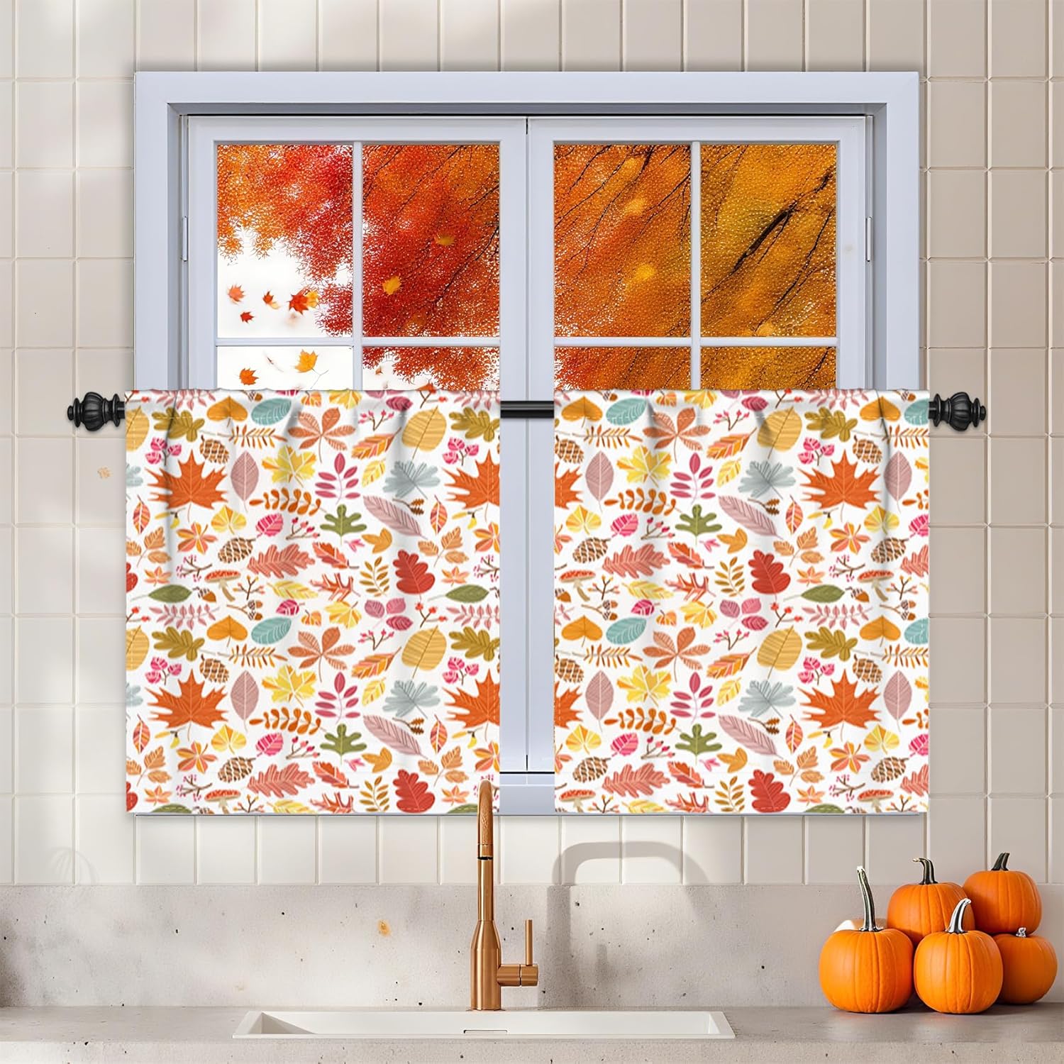 Renaiss 42 x 45 Inch Fall Pumpkin Kitchen Curtains Maple Leaf Print Linen Textured Small Cafe Curtains Autumn Pumpkin Window Treatment Light Filtering Short Curtain for Bathroom Basement 2 Panels