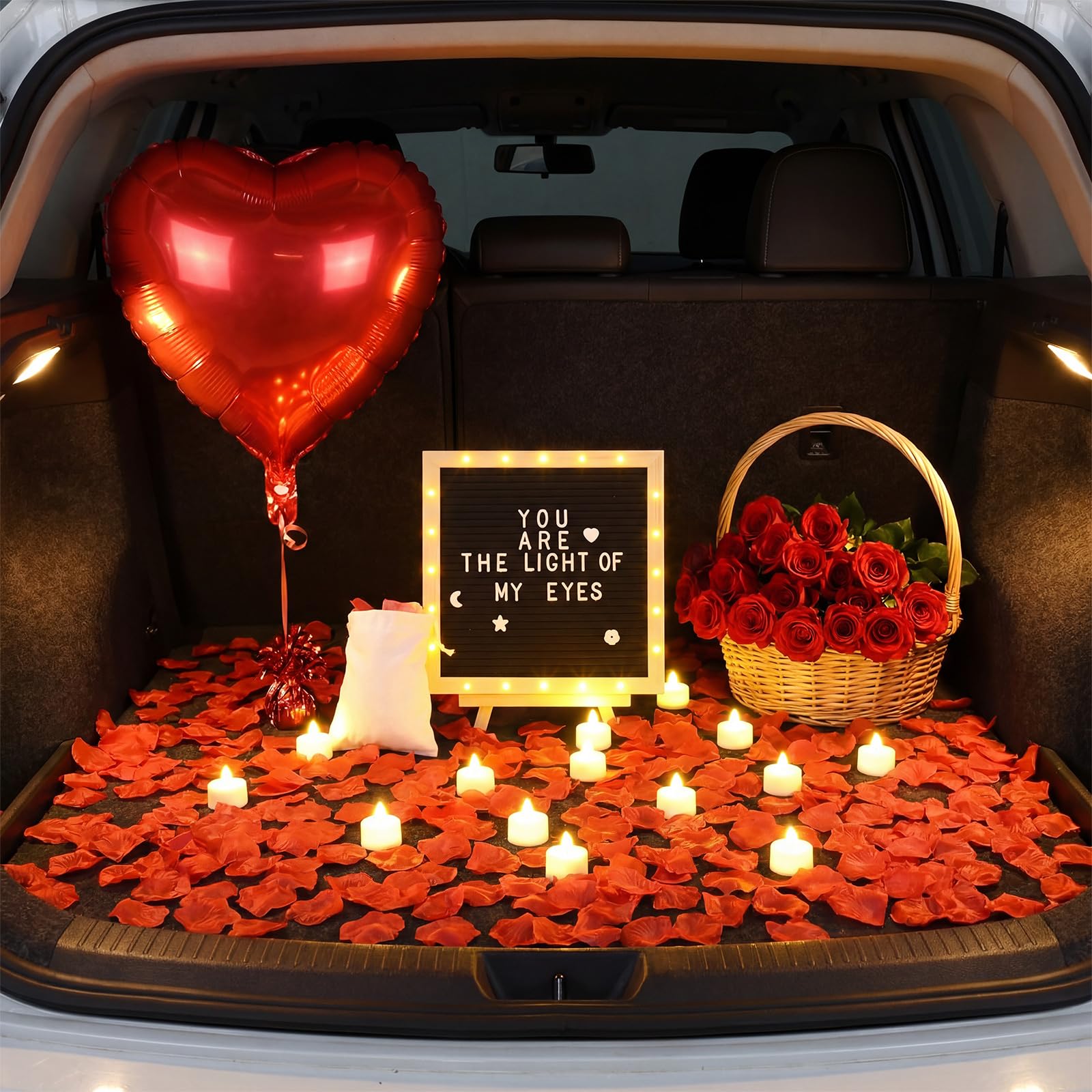 El juego de decoración romántica incluye tablero de letras de fieltro LED, 24 velas de té sin llama y 1000 pétalos de rosa artificiales para propuestas, aniversarios, bodas, anuncios de