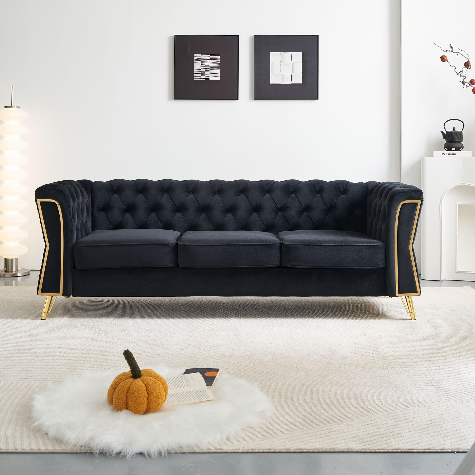 KEIKI 87" Chesterfield Velvet Button Tufted Sofa with High Density Foam Cushions, Modern Style 3-Seater Couch with Gold Strip Trim Decoration, Easy Assembly, for Apartment, Living Room, Office, Black