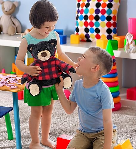 Miniatura 6 de DolliBu Peluche de oso negro y alce con capucha a cuadros rojos, suave y adorable peluche de zoológico de juego con ropa, bonito regalo de vida