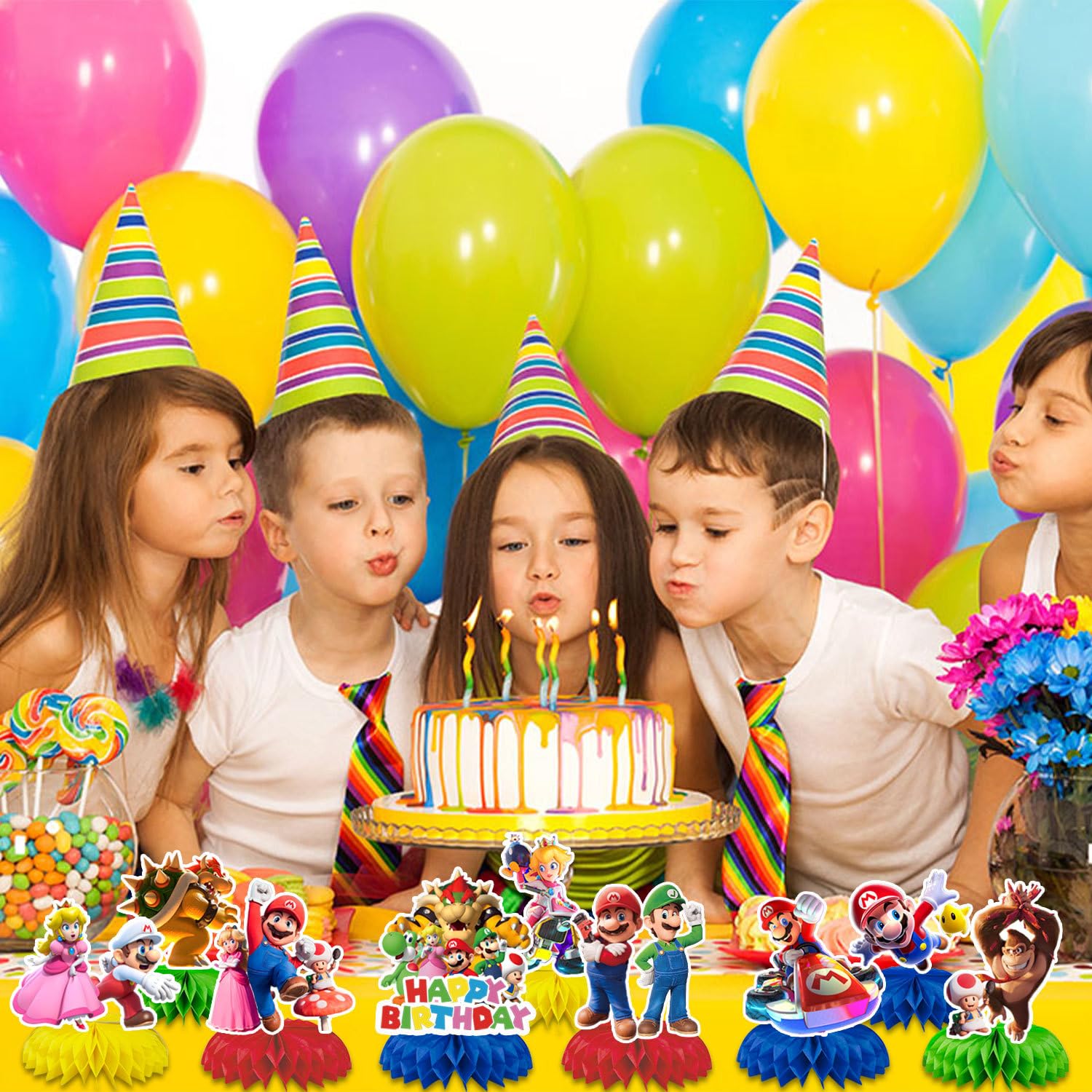 Decorazioni Compleanno A Nido D'Ape - Set 9 Pezzi Colorati Per Tavolo Con Scritte Happy Birthday - Foto 4