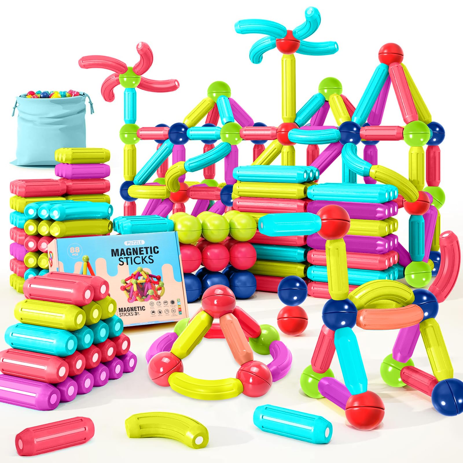 AQXONG 88 Pcs Palos de Bloques de Construcción Magnéticos con Bolsa de Almacenamiento de PE, 3D Bloques de Construcciones Magnéticas, Juguetes Educativos Adecuado para Niños de 3 4 5 6 7 8 9 Años