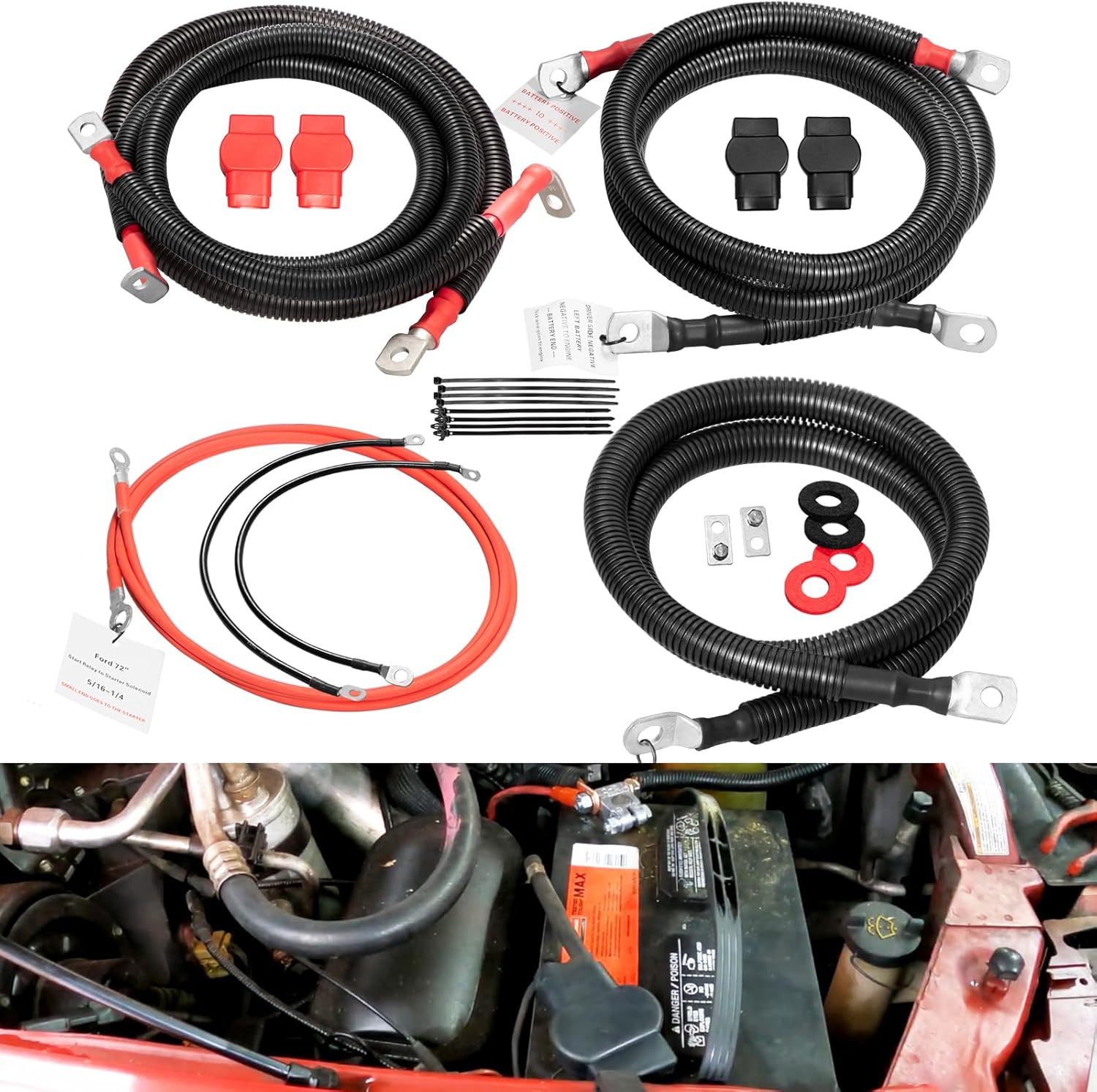 For Ford 7.3L Powerstroke Battery Cables Replacement Kit for 1999-2003 Ford Superduty F250/F350/Excursion 2/0 Starter with 90 Degree Bend Replace #2298-90