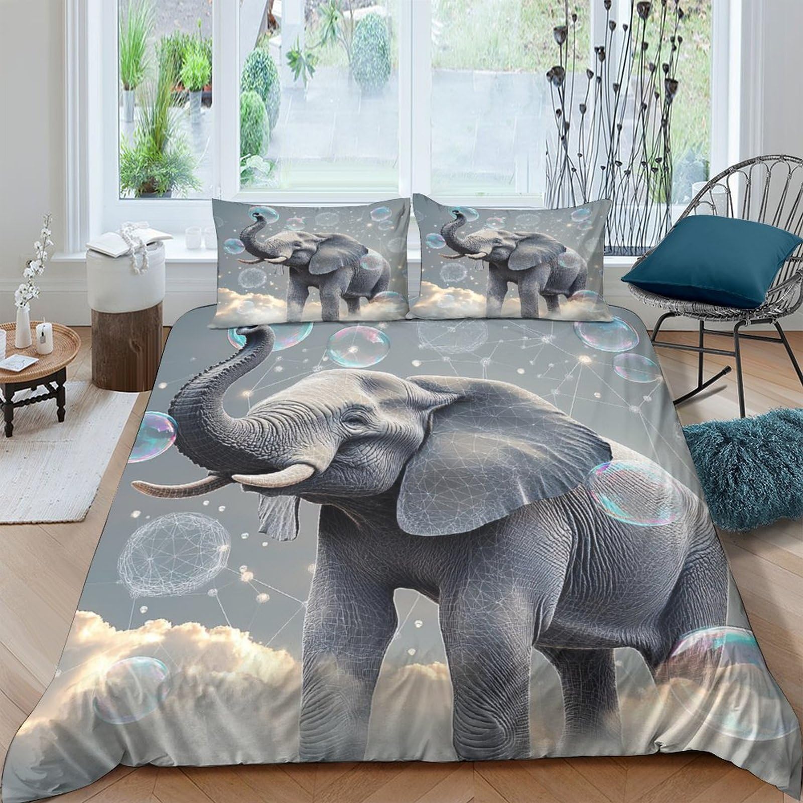 Ctjqhvkz Style-4 3D Printed Dreamy Elephant Fitted Sheet Microfiber Soft Grey Cloud Bed Cover For Bedroom Guest Room Mattress Decor Single（135X200cm）